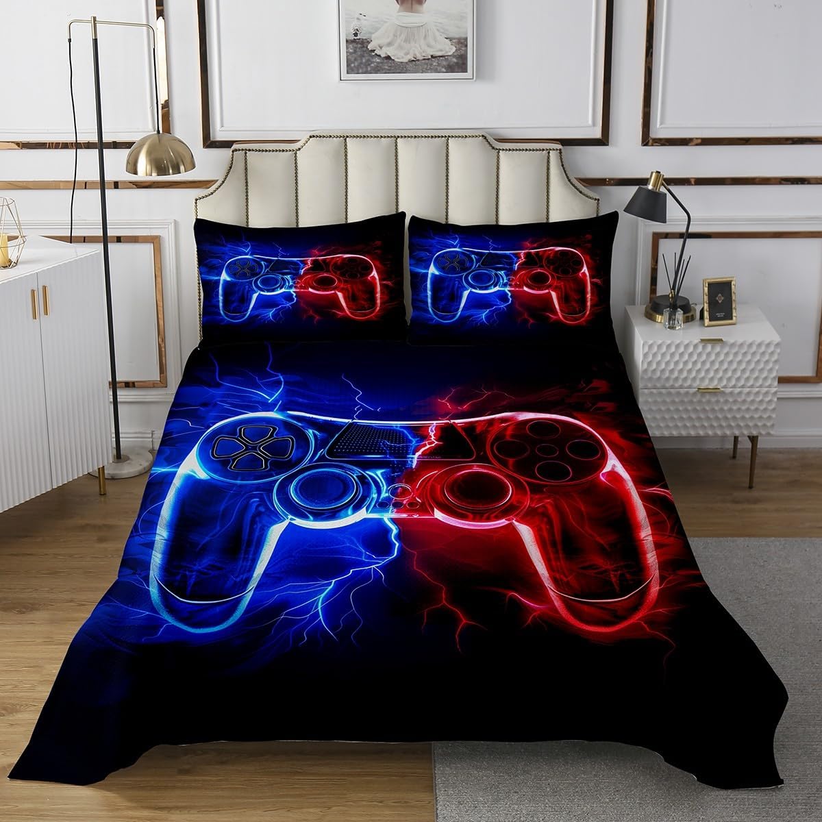 Modern Gamer Bedspread Set Queen Size for Kids,Boys Girls Blue Red Gamepad Quilt Set Lightning Bedspread Coverlet Game Controller Bedspread 3 Piece Decorative Bedding Quilted with 2 Pillow Shams