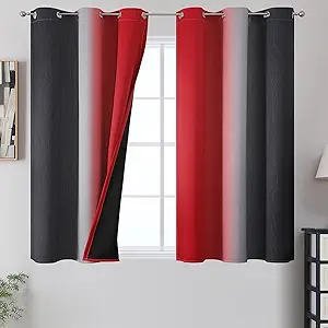 Estelar Textiler Ombre Red and Black Curtains 45 Inch Length 2 Panels, 100% Blackout Curtains for Living Room, Grommet Thermal Insulated Drapes, Full Light Blocking Curtains for Bedroom, 42x45 Inch