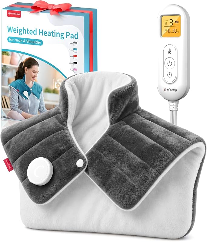 Comfytemp Heating Pad for Neck Shoulders Back, 2.6 Ib Weighted Heating Pad | Electric Large Heating Pad, FSA Eligible HSA, Birthday Gifts for Women Men, 9 Heat Setting, 11 Timers, Machine Washable, Gray