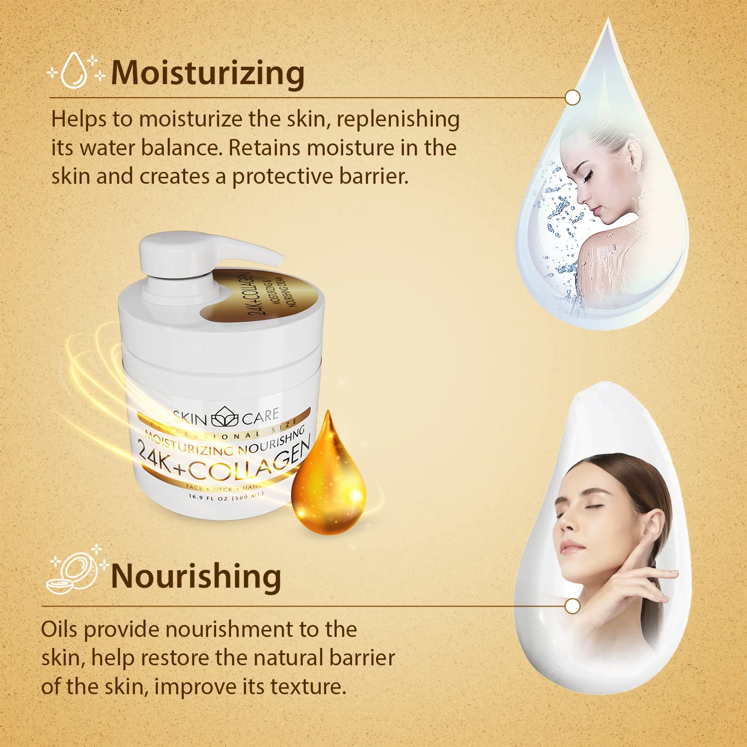 Skin Care 24K Gold & Collagen 3-in-1 Moisturizer Face Cream, Neck and Hands - Treatment for Crepey Texture, Wrinkles and Sagging - Daily Lotion for All Skin Types - 16.9 fl. oz.