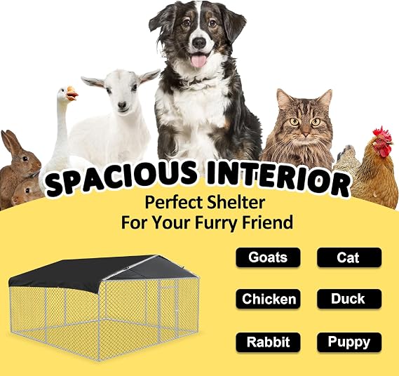 10'x10' Outdoor Dog Kennel with Roof, Heavy Duty Dog Enclosure Waterproof Rustproof Wire Mesh Fence, Large Dog Run Cage with Waterproof Cover & Lockable Door for Backyard Patio