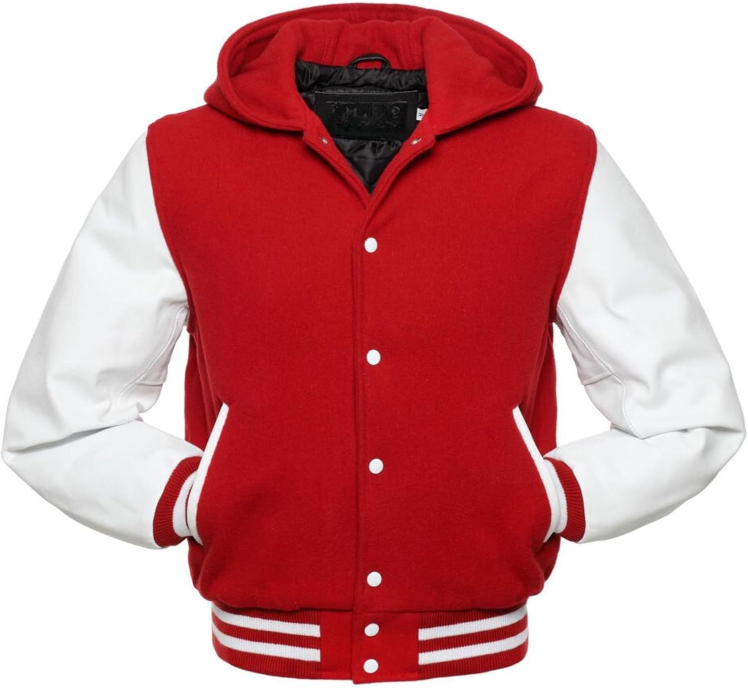 Men's Hooded Lettermans Varsity Jacket Real Leather Sleeve Casual Sports School Baseball Bomber Jackets