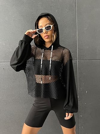 Verdusa Women's Plus See Through Fishnet Long Sleeve Drawstring