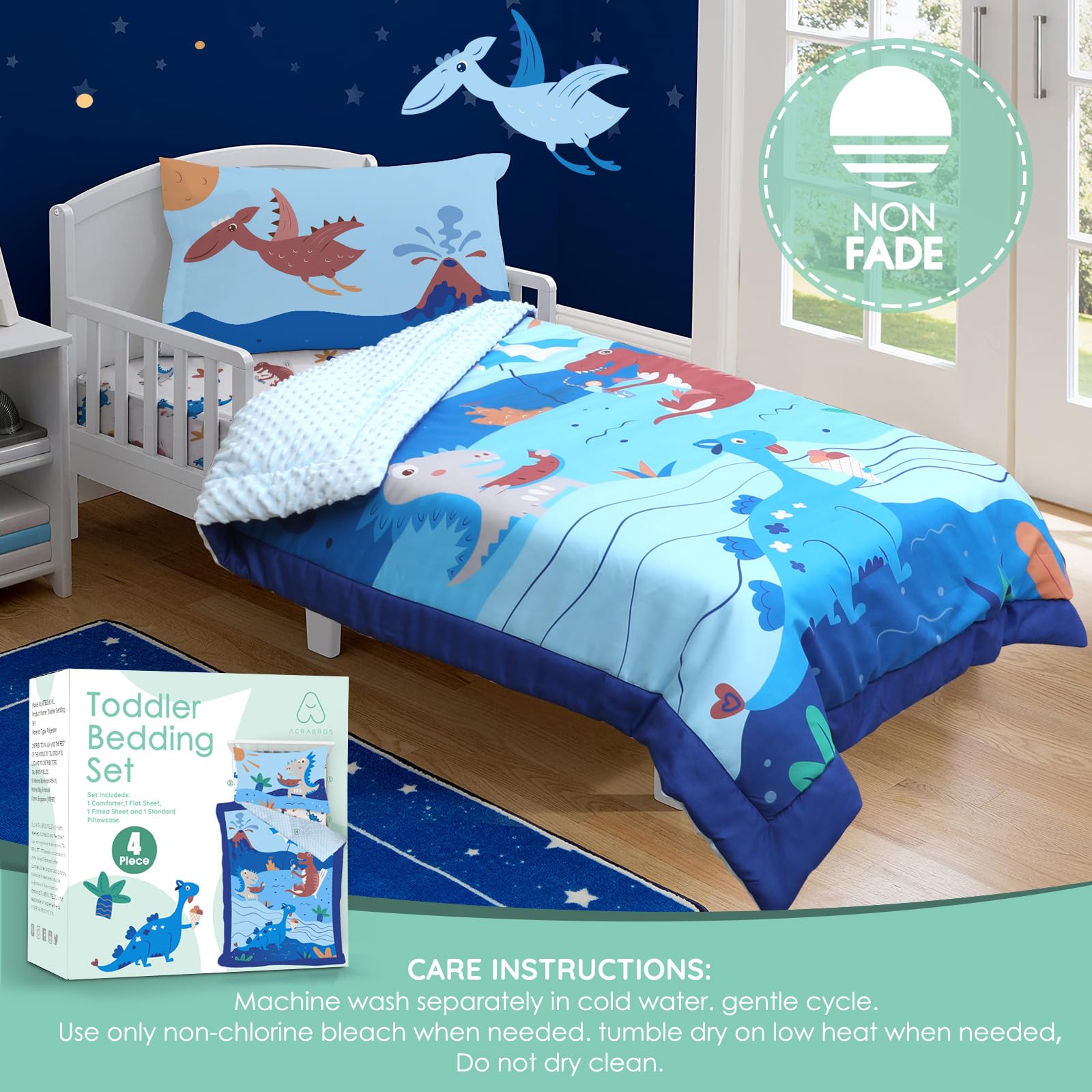 ACRABROS Juego de ropa de cama infantil de 4 piezas para niñas y niños, incluye edredón, sábana bajera, sábana encimera y funda de almohada reversible, juego de cama ultra suave, dinosaurio azul