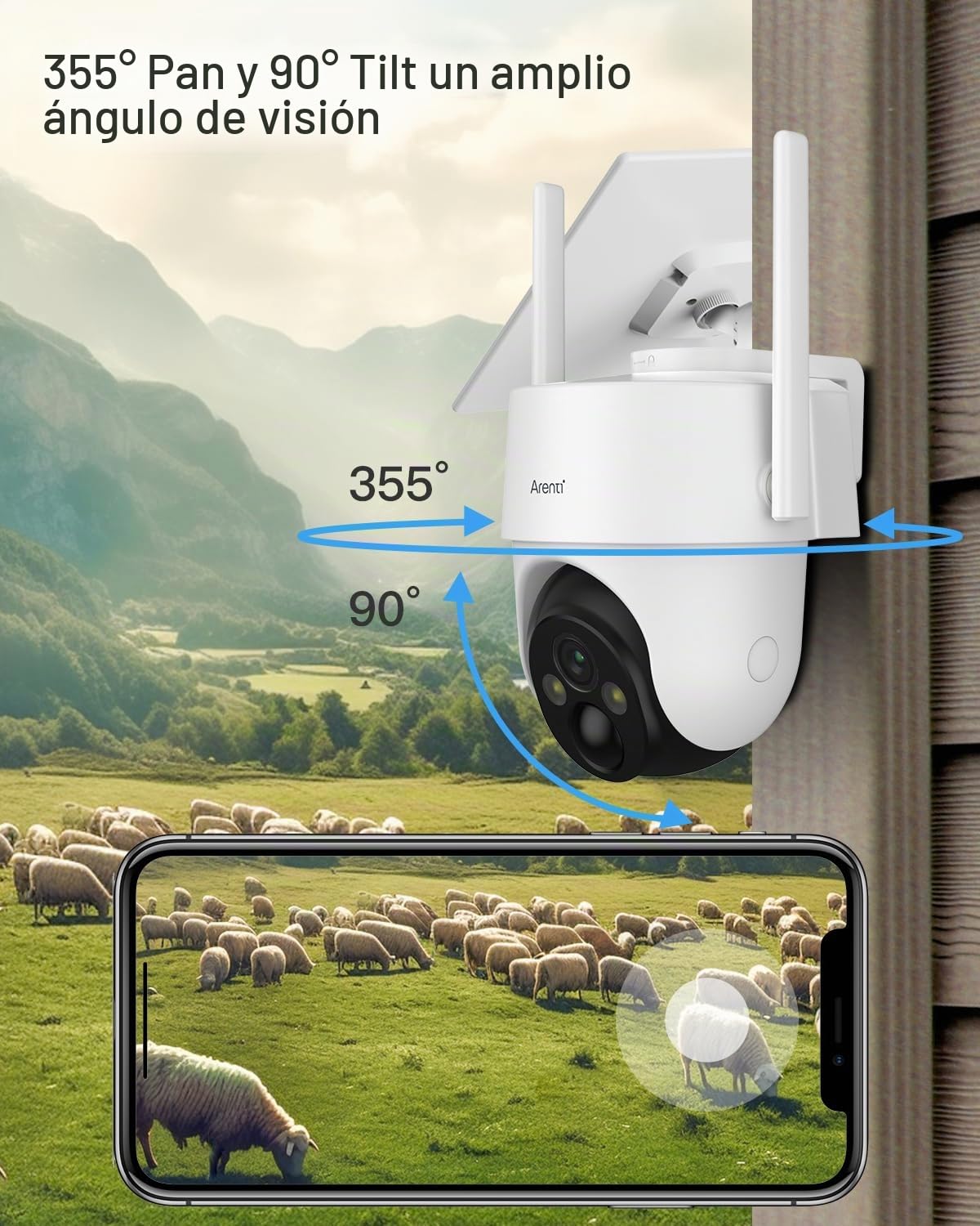 ARENTI 4G LTE Cámara Vigilancia Exterior con SIM Tarjeta, 355° PTZ Cámara Sin Cable con Solar, 2K Cámaras Sin WiFi con Batería 10400 mAh, Detección de Movimiento PIR, Visión Nocturna en Color, IP65