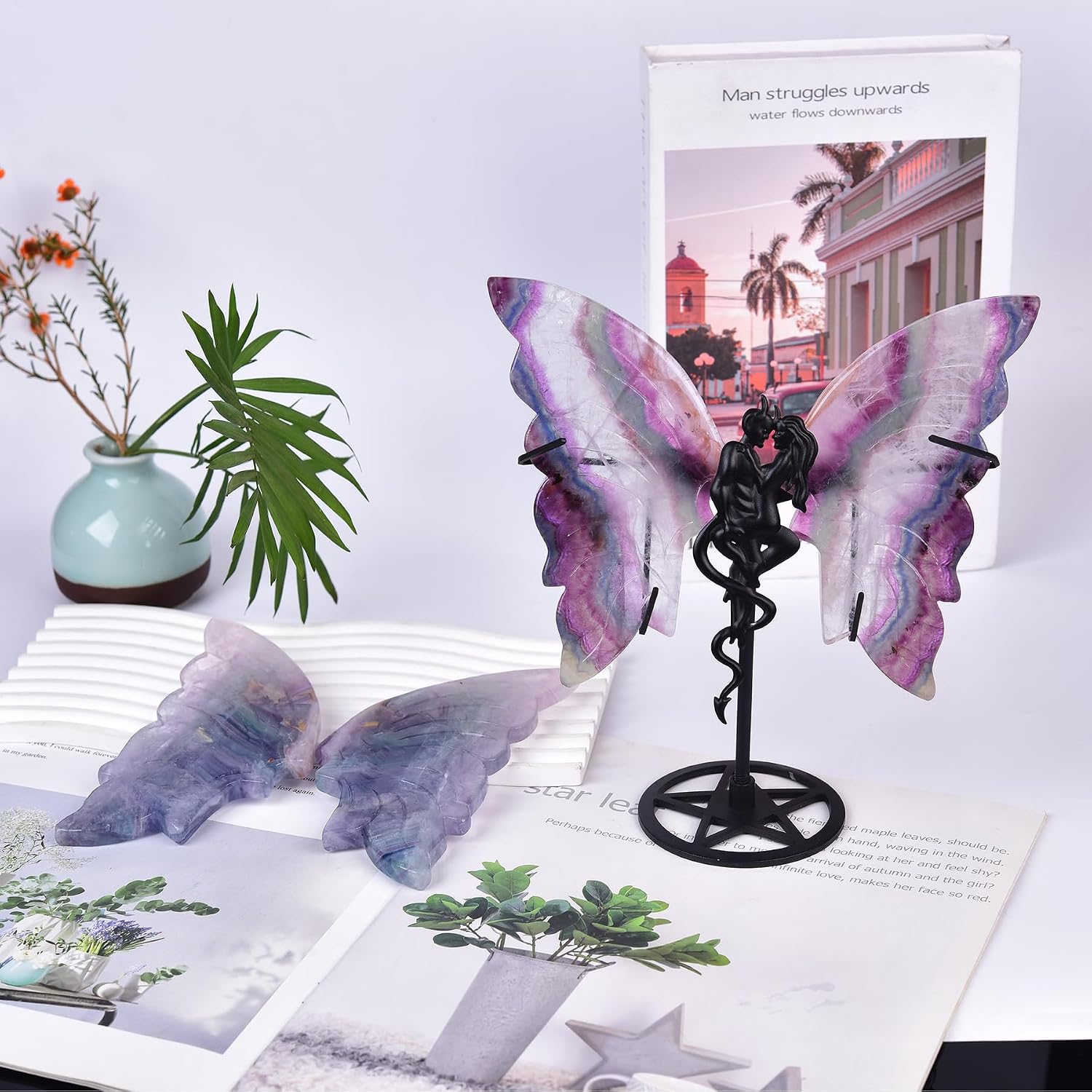 JIC Gem Large Cute Gemstone Butterfly Purple Fluorite Crystal Butterfly Art Decorative Purple Green Healing Crystal Butterfly Wings with Stand Grid Meditation Decor Gifts (1pair, 17-18cm)