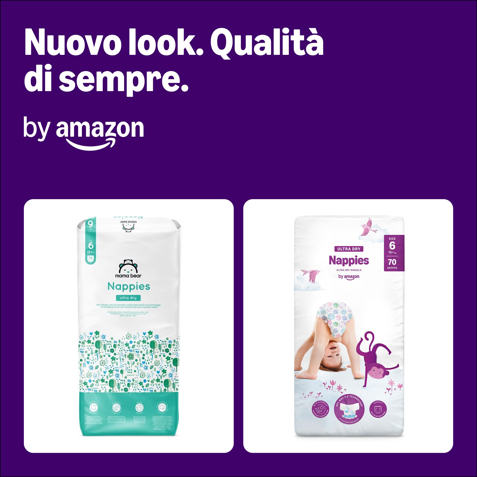 By Amazon Pannolini ultra asciutto, Taglia 6 (15+ kg), Con canali d'areazione, Bianco, 140 Unità (2 confezioni da 70) - Nuova versione (Precedentemente un marchio Mama Bear brand, stesso prodotto)