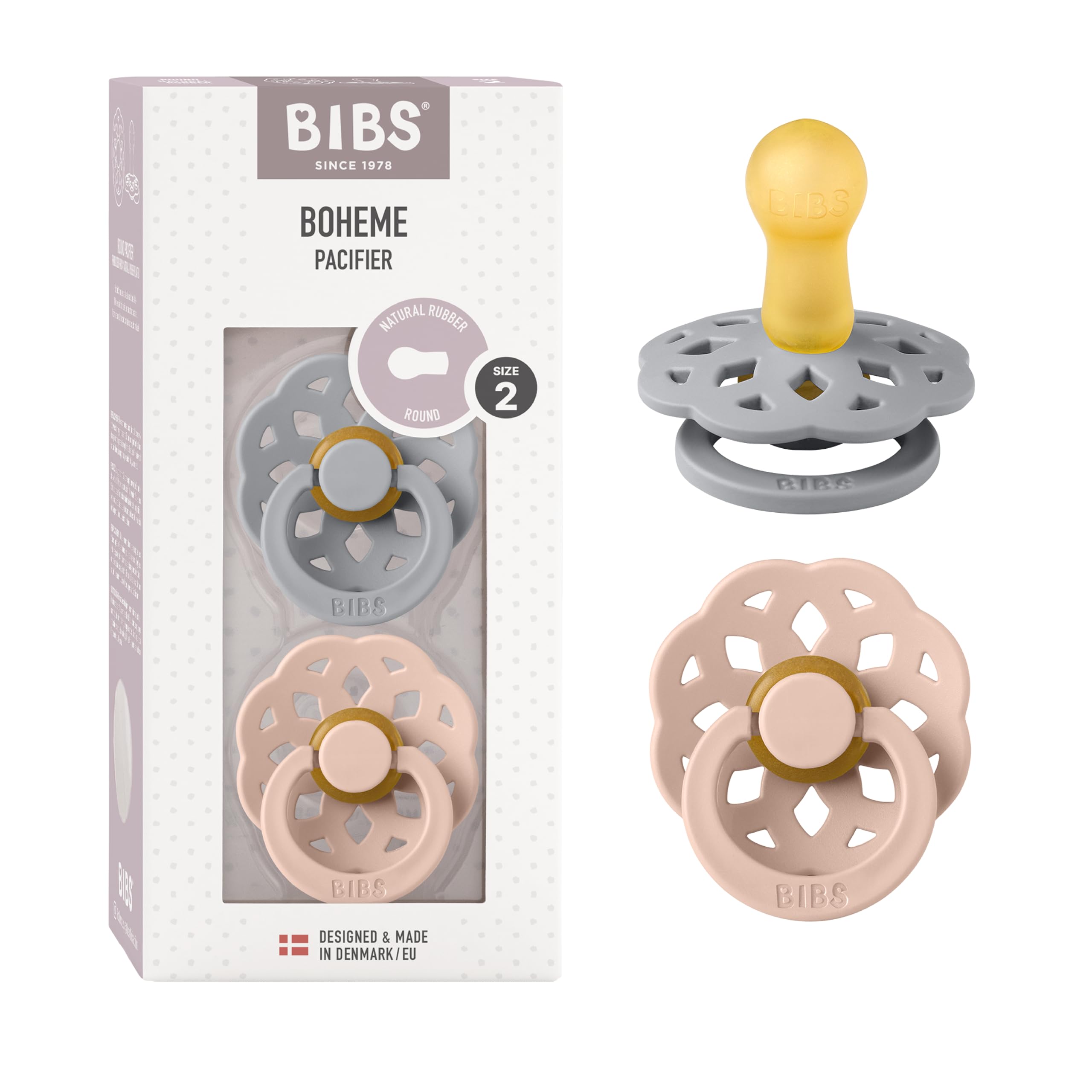 BIBS Boheme Paquete de 2 chupetes. Libre de BPA, Tetina redonda. Látex natural, Talla 1 (0-6 meses), Ivory/Blossom — view 42