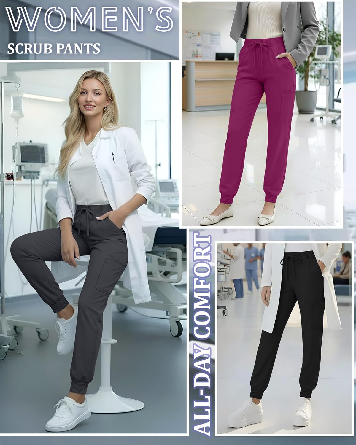 3 Pack Womens Scrub Pants Cargo Jogger Bottoms with Pockets Elastic Drawstring Waistband Soft Stretch Yoga Pants - Image 4