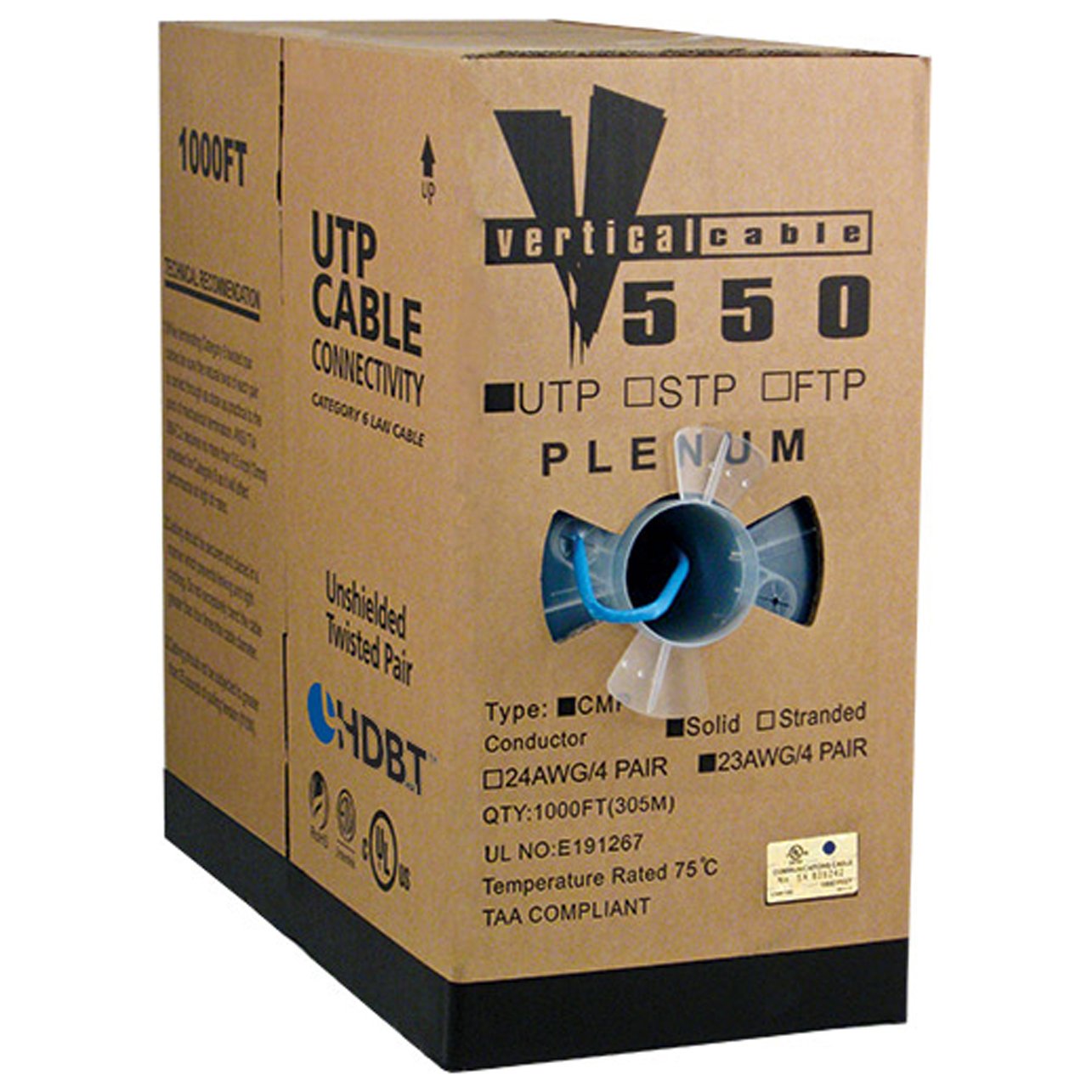 Vertical Cable Cat6, UTP, 23AWG, 8C Solid Bare Copper, Plenum, 1000ft, Blue, Bulk Ethernet Cable