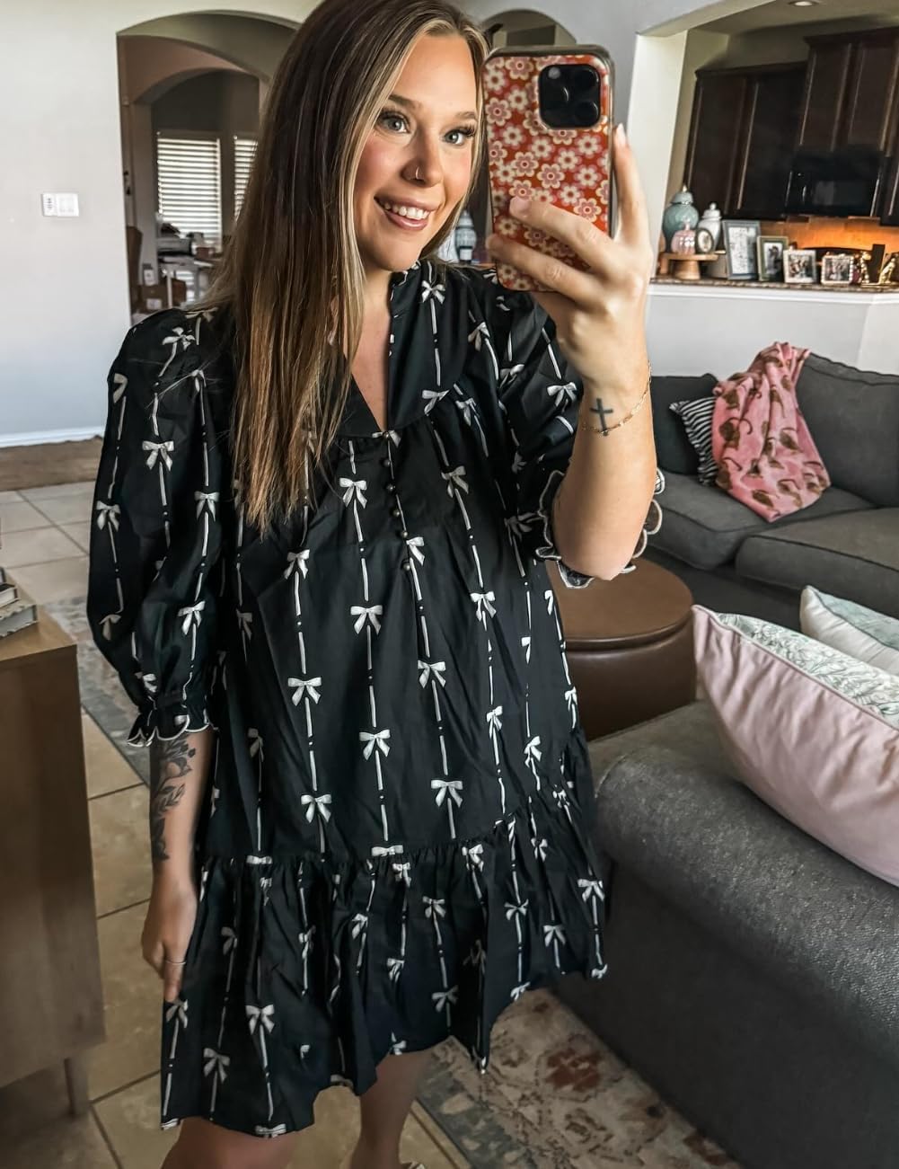 Women Puff Three-Quarter Sleeve Mini Dress Mock V Neck Babydoll Short Dress with Bow Print - Image 5