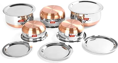 Sumeet Stainless Steel Copper Bottom Belly Shape 5 Pc Tope / Cookware/ Pot Set with Lid 380ML, 500ML, 780ML, 1.1Ltr, 1.4Ltr, 