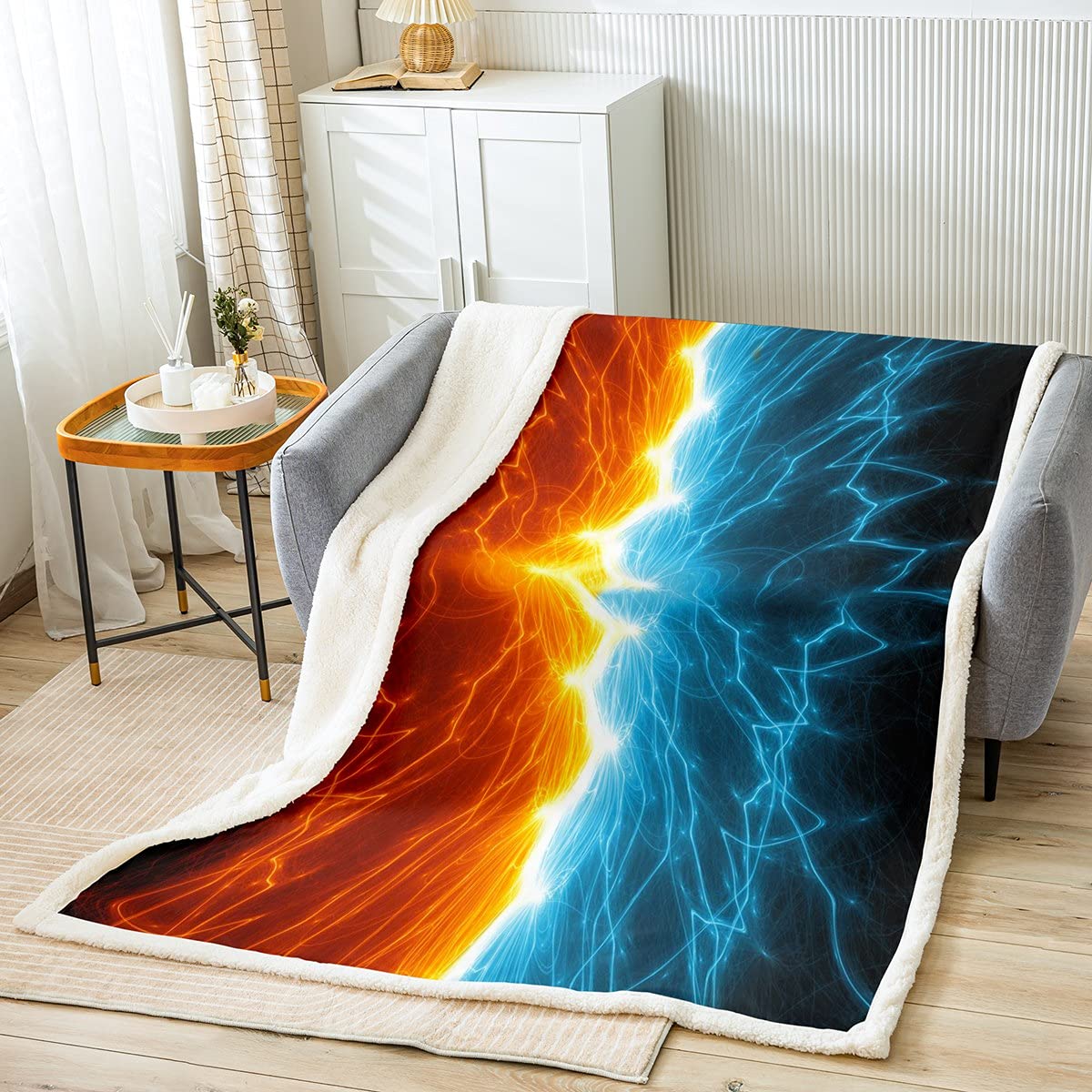 Universe Sky - Coperta in pile Galaxy Space Sherpa, per bambini, ragazzi, ragazze, So Cool Lightning Teal blu, arancione, rosso, fuzzy coperta per divano letto, 200 x 201 cm
