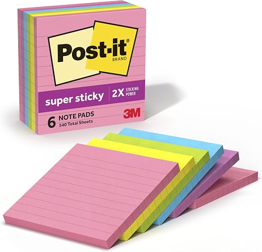 Post-it Super Sticky Recycled Notes, 4×4 in, 6 Pads, 2x the Sticking Power, Energy Boost Collection, 30% Recycled Paper (675-6SSUC)