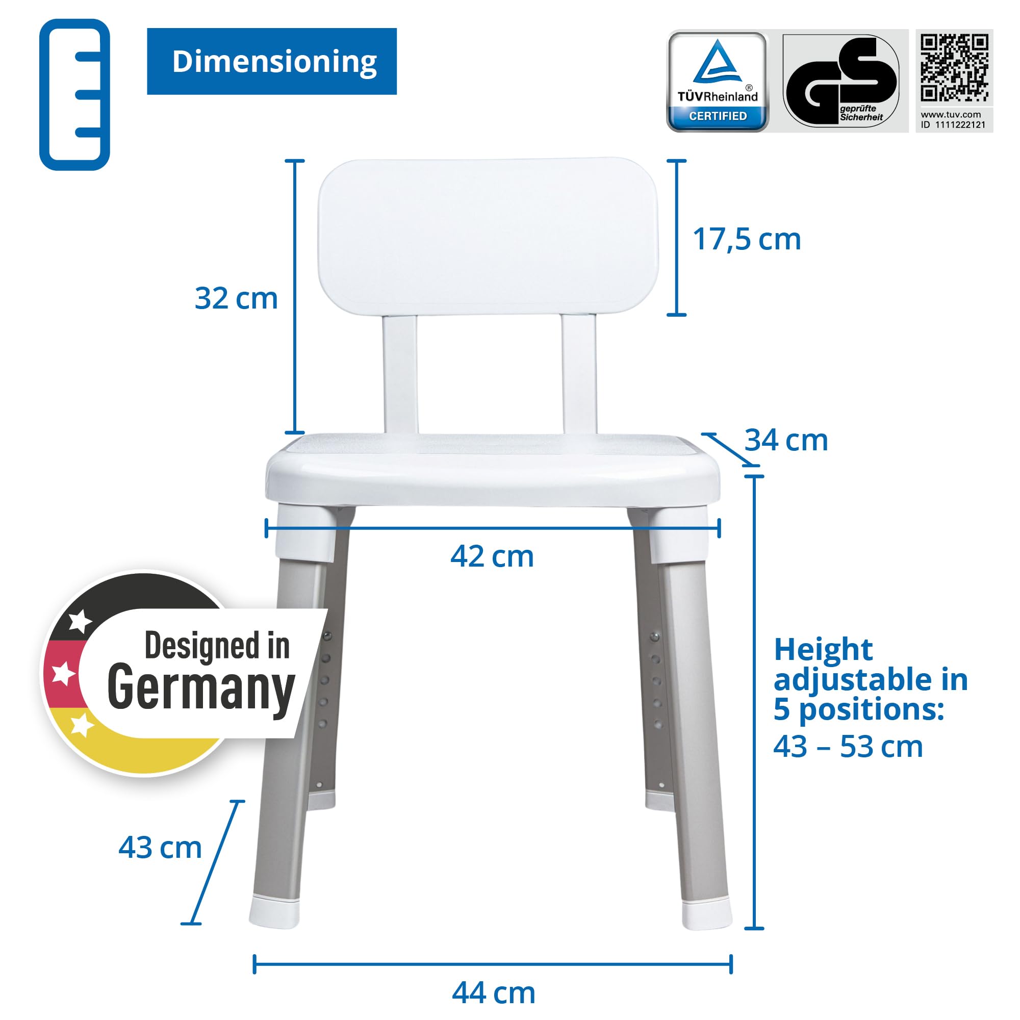 Dusch- und Badestuhl mit Rückenlehne, Senioren, aus der Design-Serie Gratia, rutschfeste Sitzfläche und Füße, höhenverstellbar, bis 150 kg belastbar, Farbe: Weiß, Modell: 43906