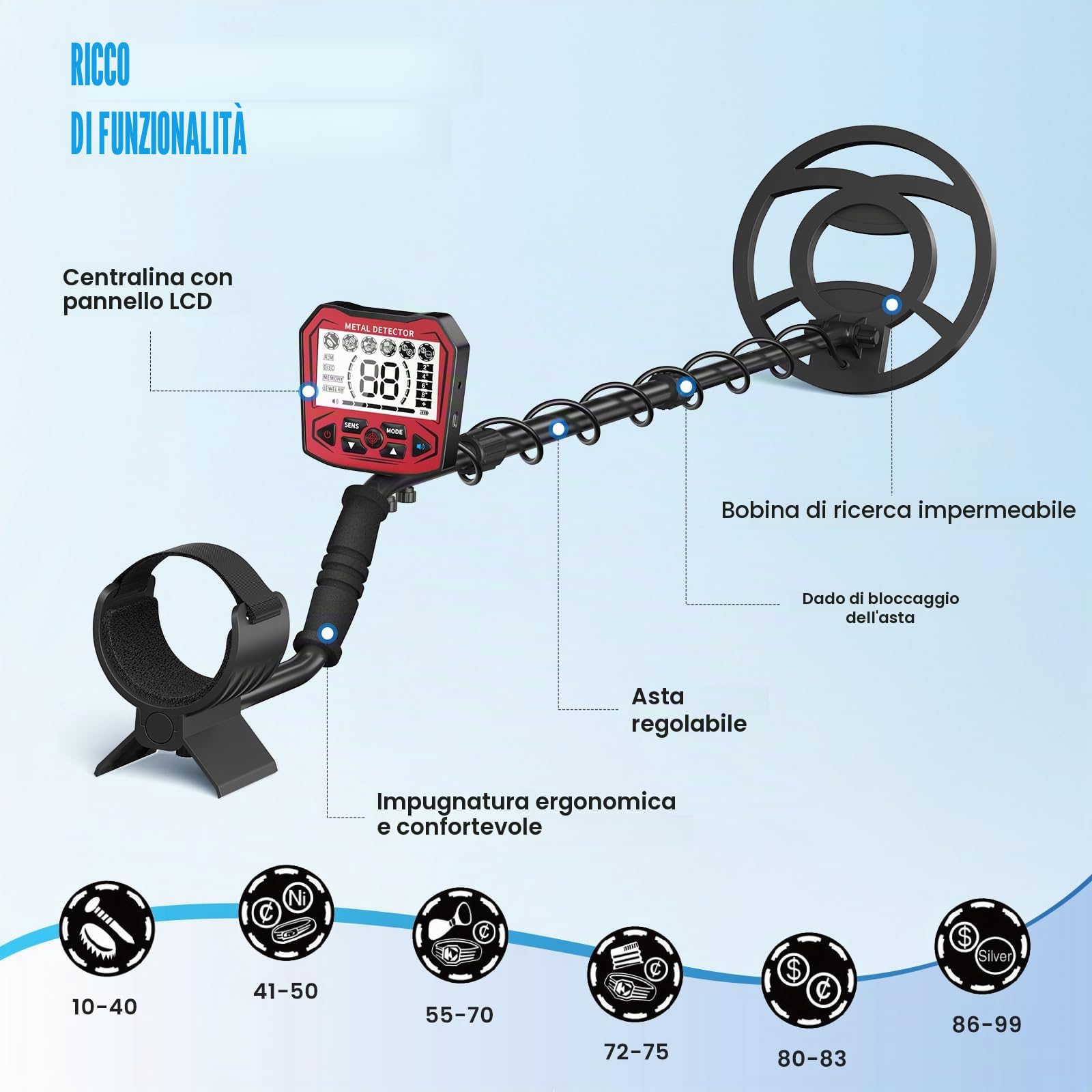 Metal Detector ad Alta Precisione, Lunghezza Regolabile 113 cm - 141 cm, 5 Modalità, Metal Detector Professionale con Schermo LCD, Bobina di Ricerca Impermeabile IP68 per Adulti & Bambini
