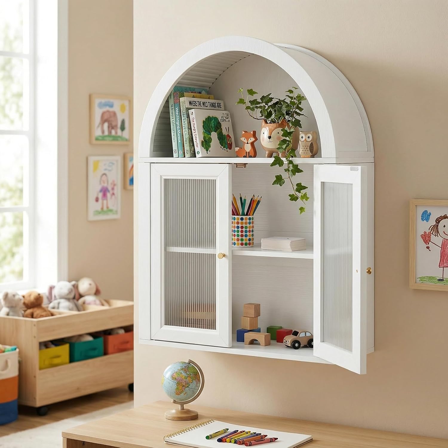 Arched Bathroom Wall Cabinet, Boho Medicine Cabinet with Tempered Glass Doors, Above Toilet Storage Cabinet, Wall Mounted Adjustable Shelf for Living Room, Restroom,White