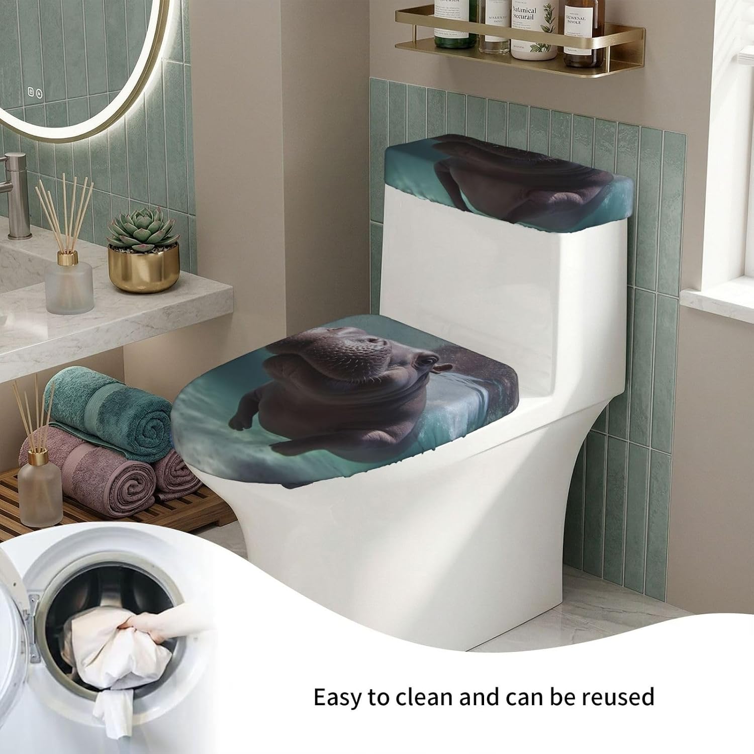 Diving Hippo Toilet Tank Cover And Toilet Lid Cover Set Stretch Bathroom Toilet Lid Seat Cover