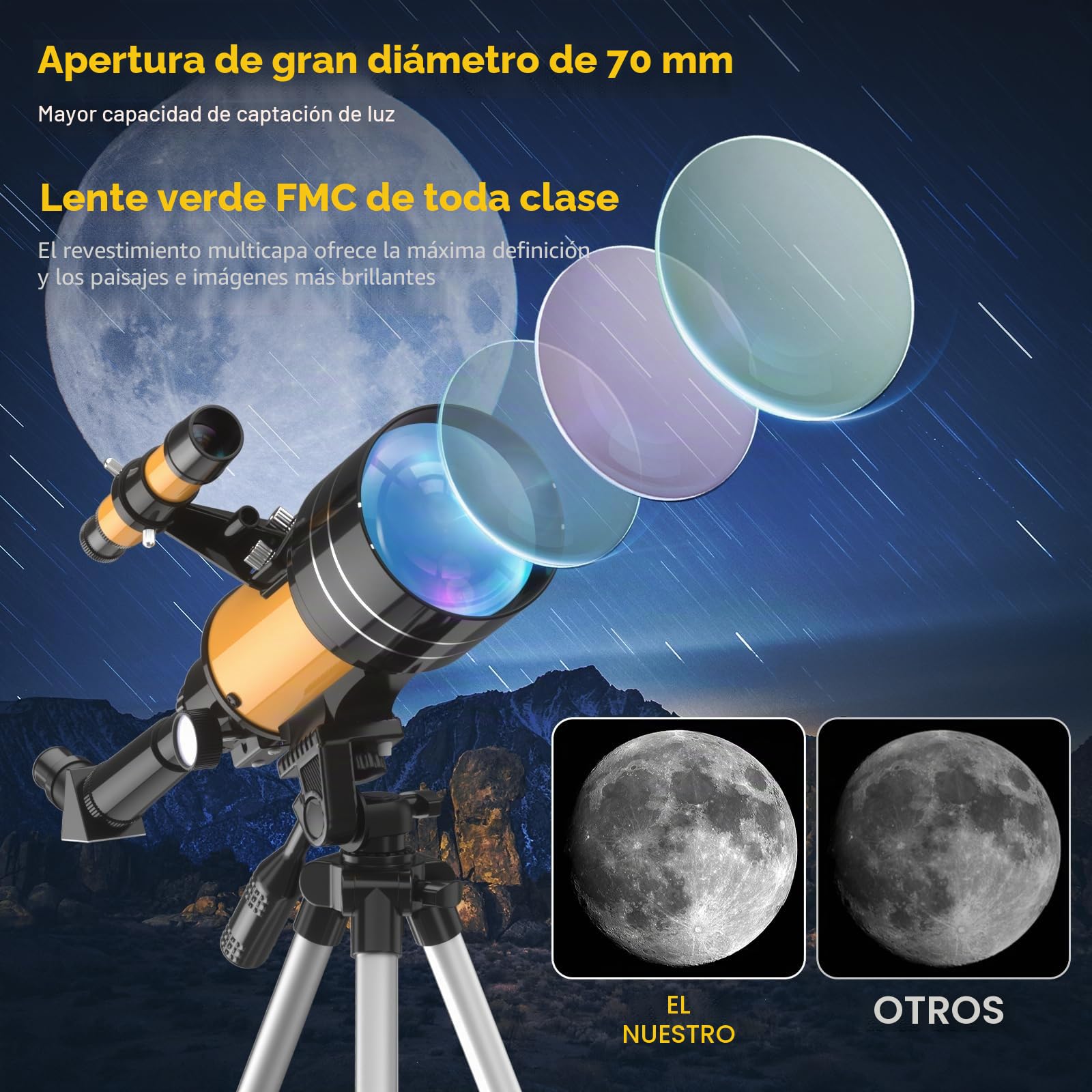 Telescopio 70 MM, Apertura 400 MM (20X-200X), Telescopio Astronómico Refractor, Alta Transmisión FMC, Trípode, Adaptador de Teléfono, Remoto, Regalos de Astronomía para Niños Adultos Principiantes