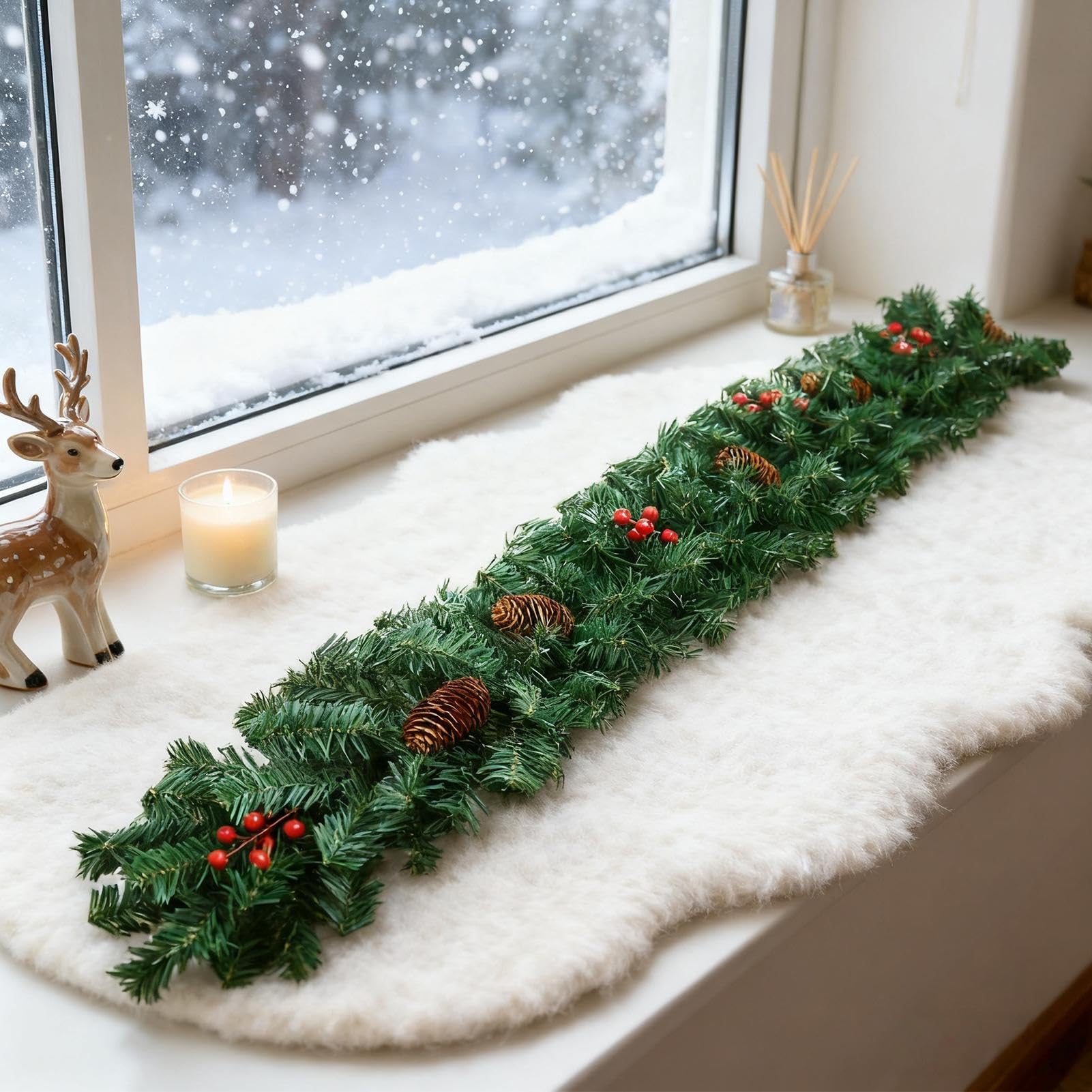 Guirnalda Navideña para Exterior Guirnalda de Mesa de 2.7 Metros | Corona Artificial con Bayas Rojas y Piñas para Decoración para Navidad Bodas Chimenea Porche Mesa de
