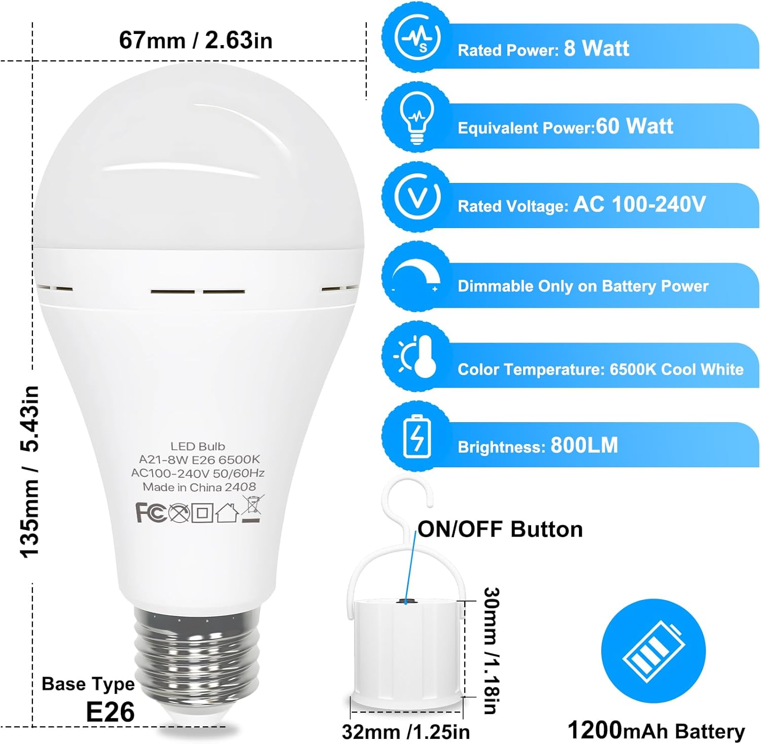 Emergency Rechargeable Light Bulbs 60 Watt, Cool White 6500K Battery Powered Light Bulb E26 Base, LED Battery Operated Light Bulb Long Lasting for Lamps, Power Outage, Sconces, 2 Pack