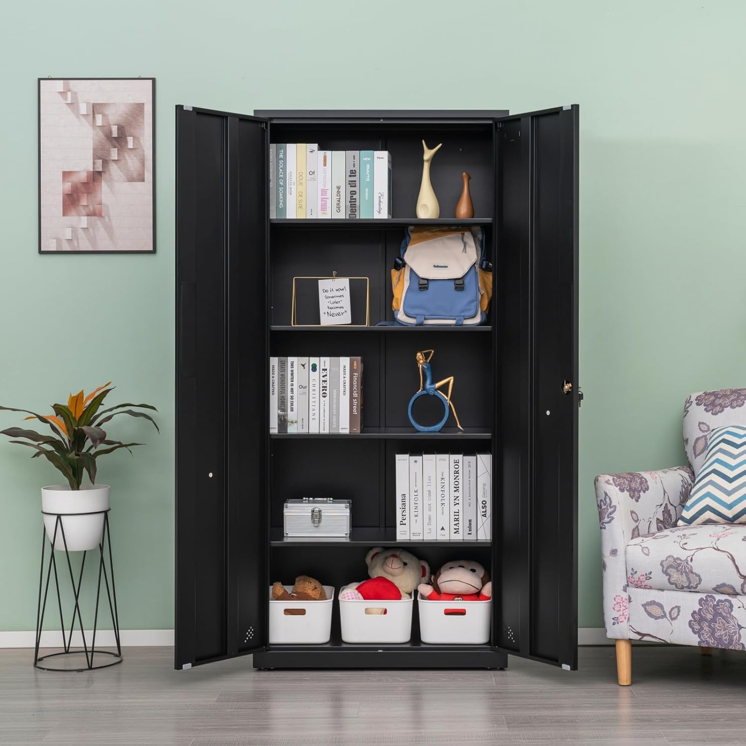 High Storage Cabinet with 2 Doors and 4 Partitions to Separate 5 Storage Spaces, Home/Office Design