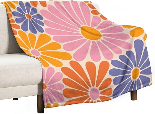 Miniatura 61 de Manta de tiro floral retro de los años 70, estilo bohemio, ondulado, geométrico, hippie, lindas flores, amarillo y naranja, manta con estampado