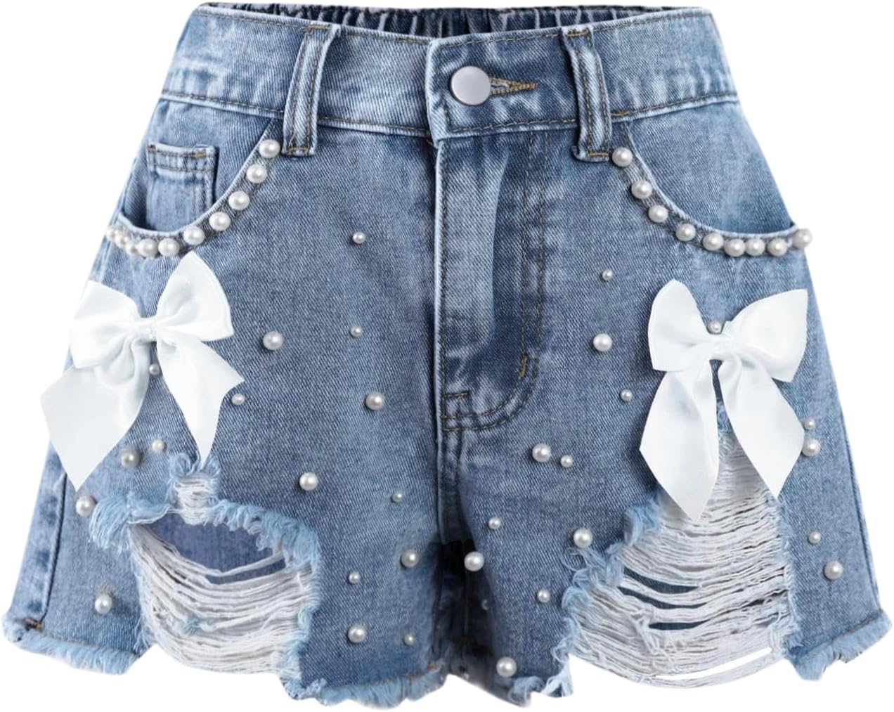 Girls Jean Shorts Pearl Bownot Ripped Distressed Cute Straight Leg Denim Shorts