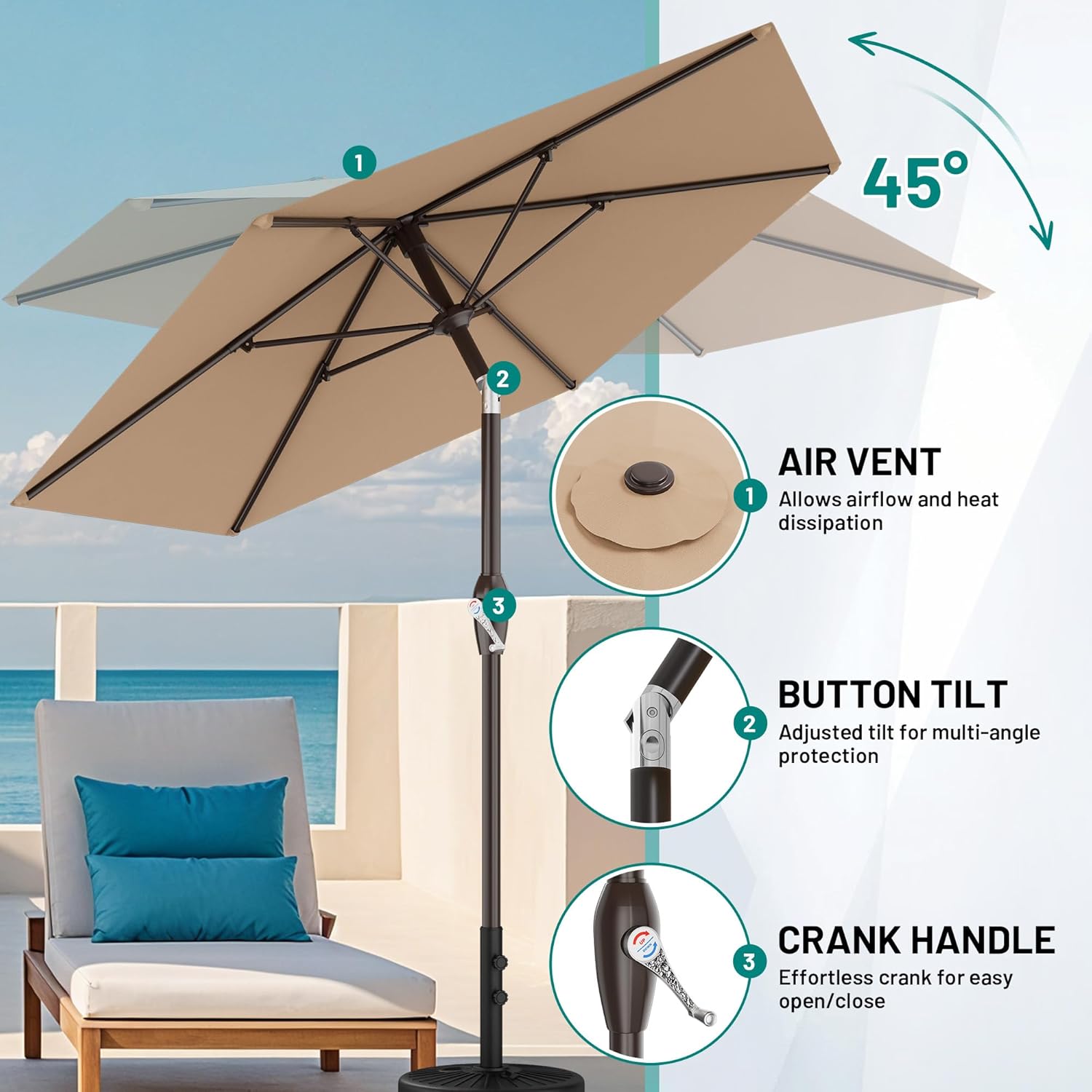 AreShark 7.5FT Patio Umbrella Table Market Umbrella with 6 Sturdy Ribs, Button Tilt/Crank, Heavy-Duty Outdoor Umbrellas for Pool, Deck, Garden and Backyard, Beige