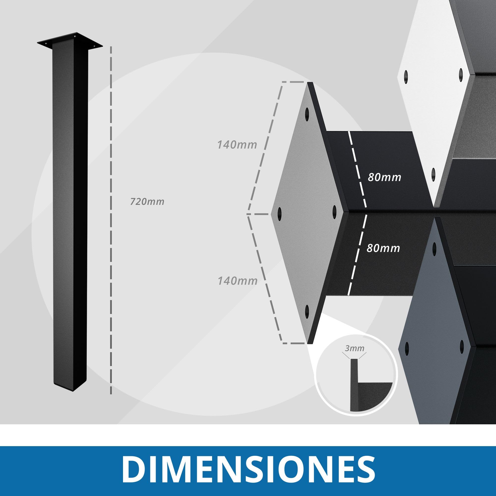 4 Pata de la Mesa de Acero Negro Perfil Cuadrado 80x80 mm, Altura: 72 cm Pies para Muebles Juego de Piernas de Acero con Tornillos para Escritorio, Encimera Pies de Mesa