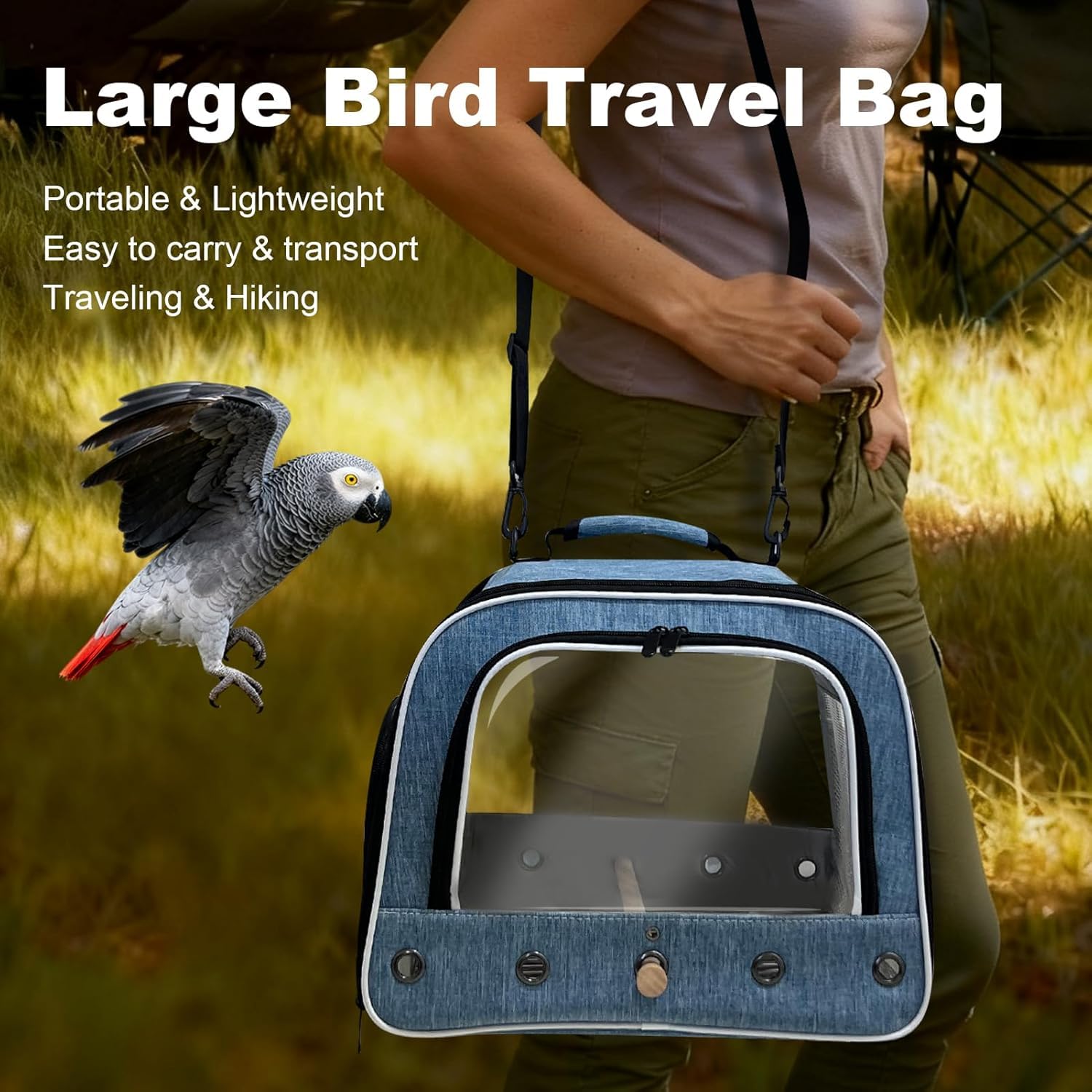 Trasportino per uccelli per il trasporto di pappagalli di grandi dimensioni, borsa portatile con vassoio in metallo e griglia per uccelli medi e grandi come il grigio africano, calopsita e pappagallo