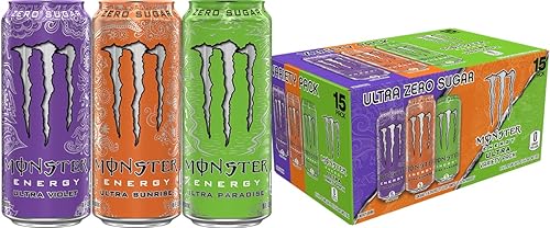 Monster Energy Ultra Variety Pack, Ultra Violet, Ultra Sunrise, Ultra Paradise Bebida energética sin azúcar, 16 onzas (paquete de 15)