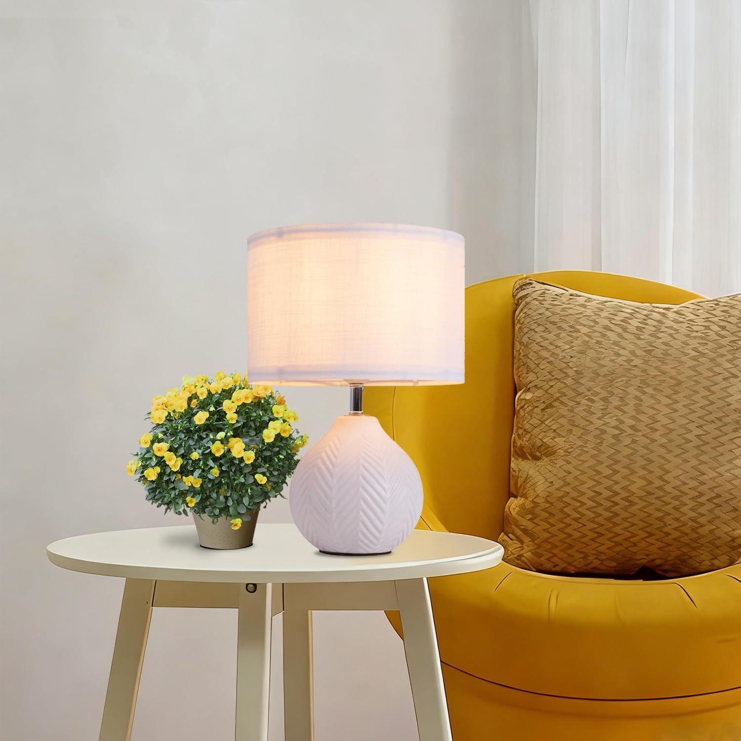 SOTTAE 12'' White Ceramic Table Lamp, Leaf Patterned Ceramic Desk Lamp Small Bedside Lamp with Linen Shade, Mid Century Modern Nightstand Lamp for Bedroom Living Room Reading Room