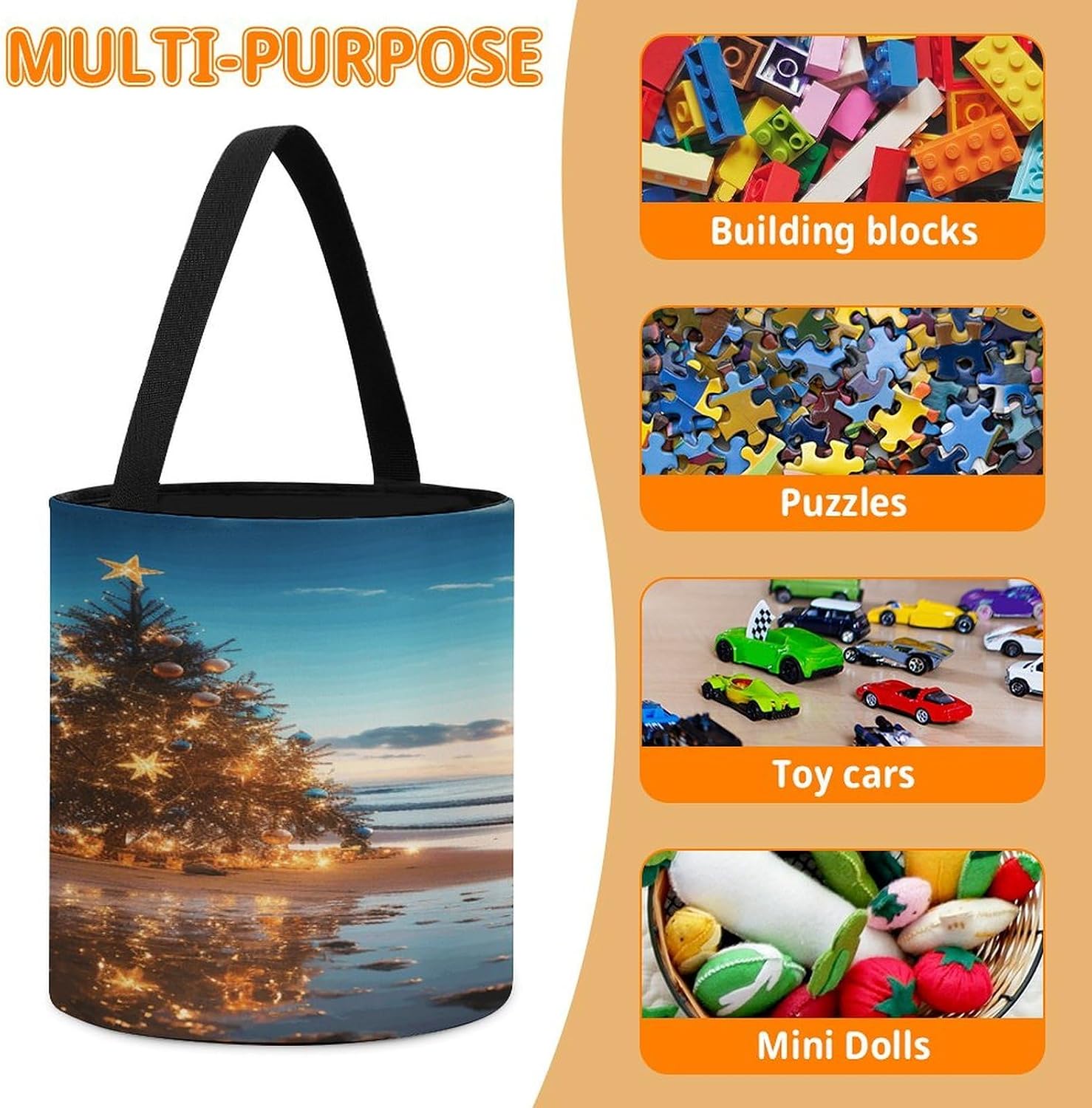 Christmas Tree on The Beach Storage Bag Large Reusable,Storage Box with Handle Drawstringm, Toy Storage Organizer Travel Case for Building Toys for Puzzles, Building Blocks, Board Game, Stationery, Bo image 4