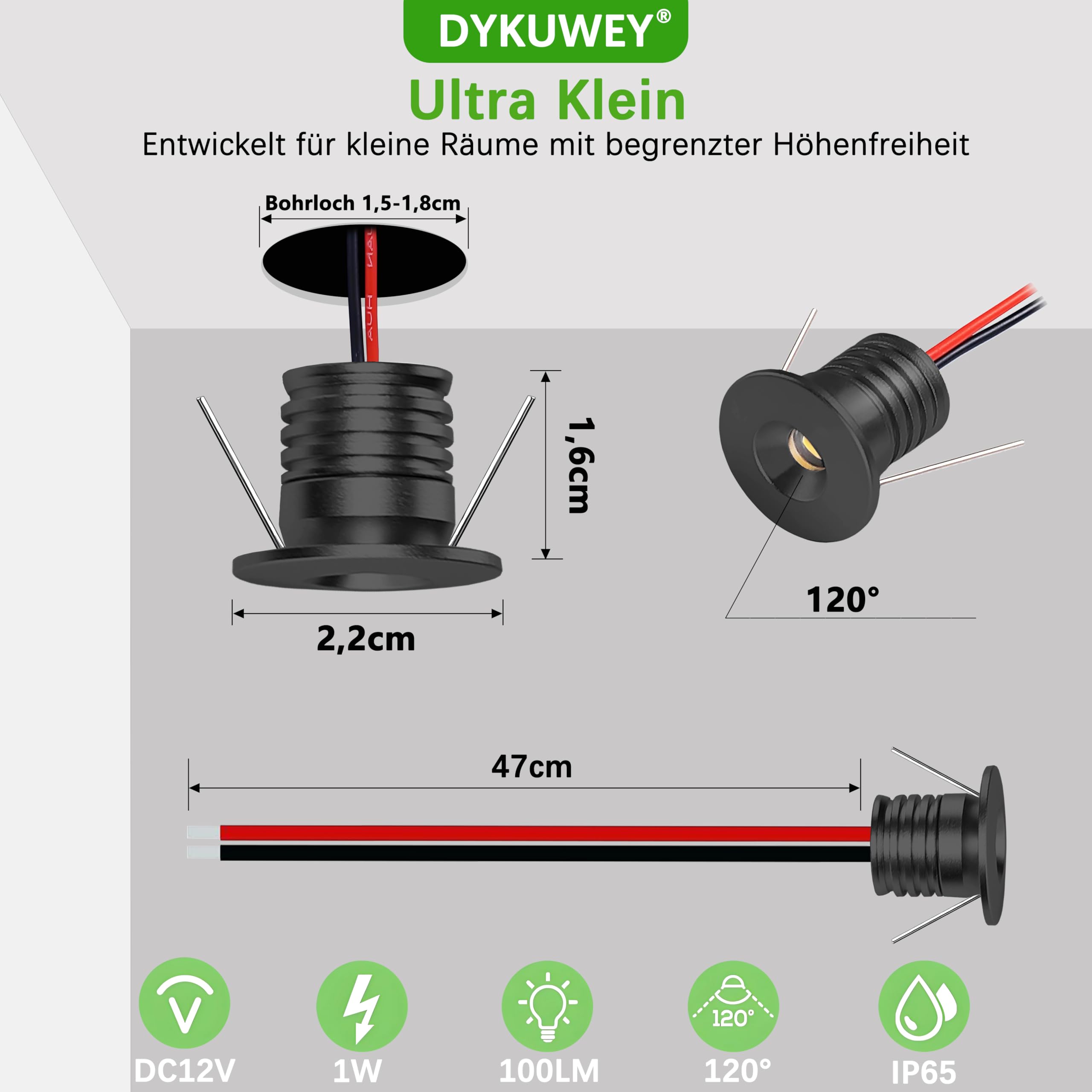 Einbaustrahler LED 1W, mini led Spot,led einbaustrahler 12V Lochmaß 15-18mm,Deckenspots IP65 Einbauspots Kaltweiß,Led spot für Carport Badezimmer Küche,mit 230V Trafo,15er set (Schwarz Kaltweiß 6000k)