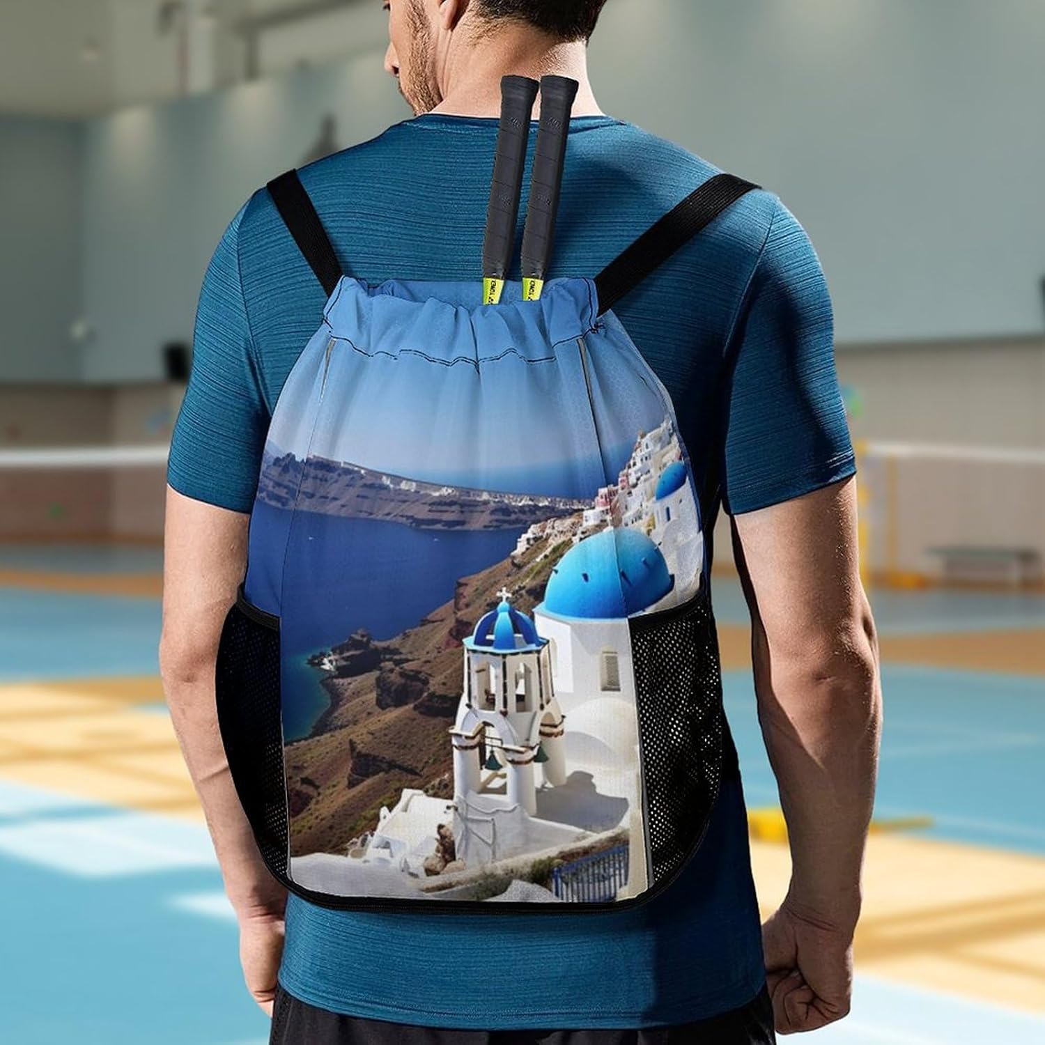 Small Gym Bag Santorini Greek Island Sea View Printed Drawstring Gym Bag for Men Lightweight Waterproof Drawstring Backpack for Women with Shoe Compartment for Travel Tourism Work And Fitness