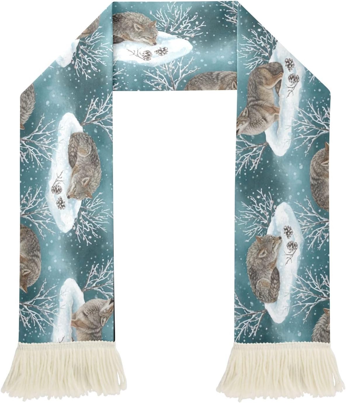 CHIFIGNO Winter Wolf Teal Sports Fan Scarf for Sweat, Quick Dry Polyester Soccer Scarf with Fringe for Games