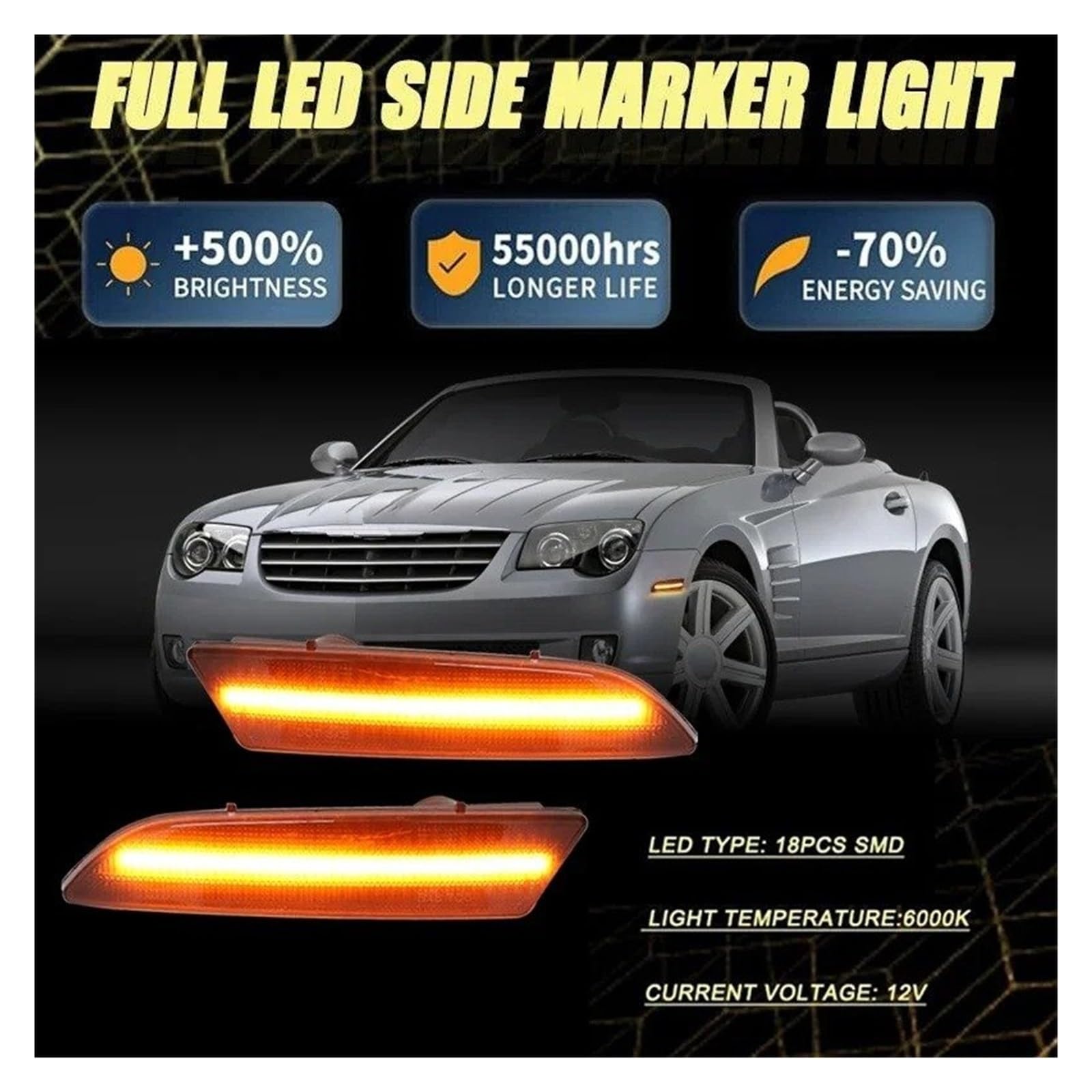 Lampada Specchietto Retrovisore 2 Pezzi Ambra Giallo Anteriore Luci Posizione LED Paraurti Anteriore Gruppo Lampada Indicatore Direzione 12V T10 Per Chrysler Per Crossfire 2004-2008 Auto Segnale Lam