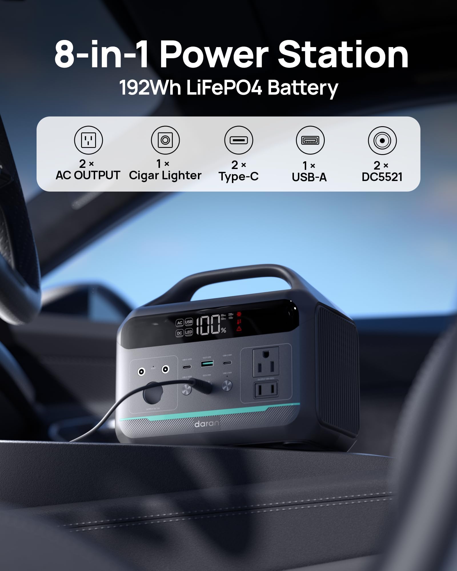DaranEner - Central eléctrica portátil de 300 W, 192 Wh con toma de corriente de 110 V CA, respaldo de batería LiFePO4, carga rápida de 2 horas, mini generador de 8 puertos para camping, emergencia en