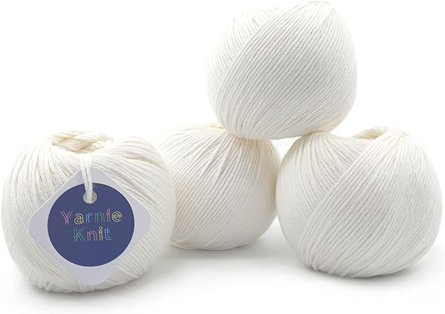 Yarnie Knit Walnut DK 100% Cotton DK Yarn, 50g 106m (115 Yards) per Ball, 4-Pack (Snow)