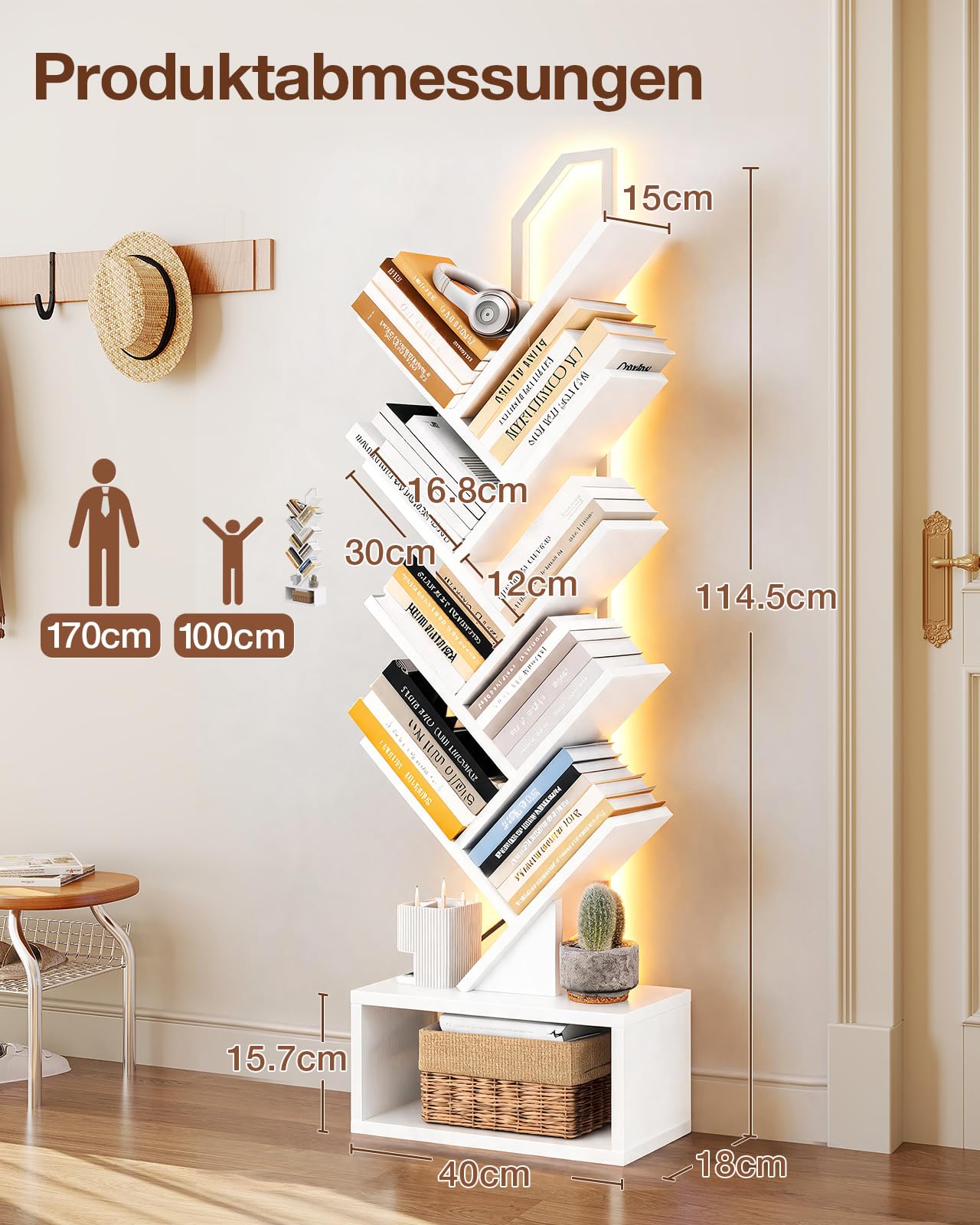 Coleshome Bücherregal im Baumform mit LED-Beleuchtung, Standregal mit 8 Ebenen, Holz Bücherregal für Wohnzimmer & Schlafzimmer, Weiß