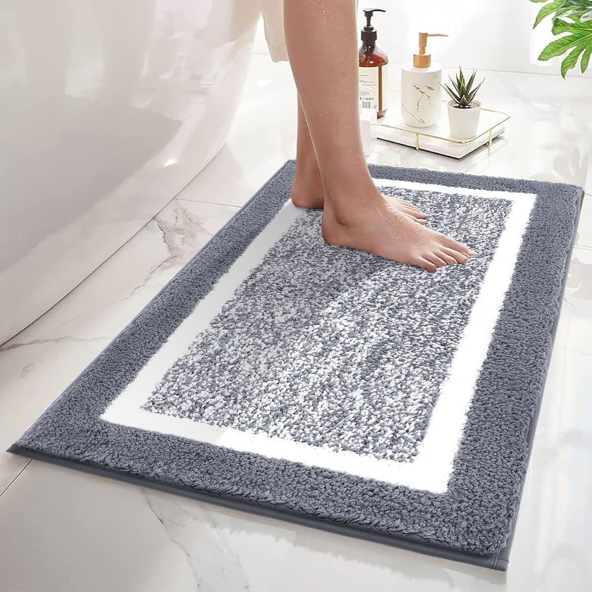 SHACOS Bath Mat Microfiber, Bathroom Mat Fluffy Shaggy Soft, Non-Slip Bathroom Rug, Super Absorbent Quick Drying, Machine Washable, for Shower Floor Bathtub, Grey, 60 x 90 cm — image 1