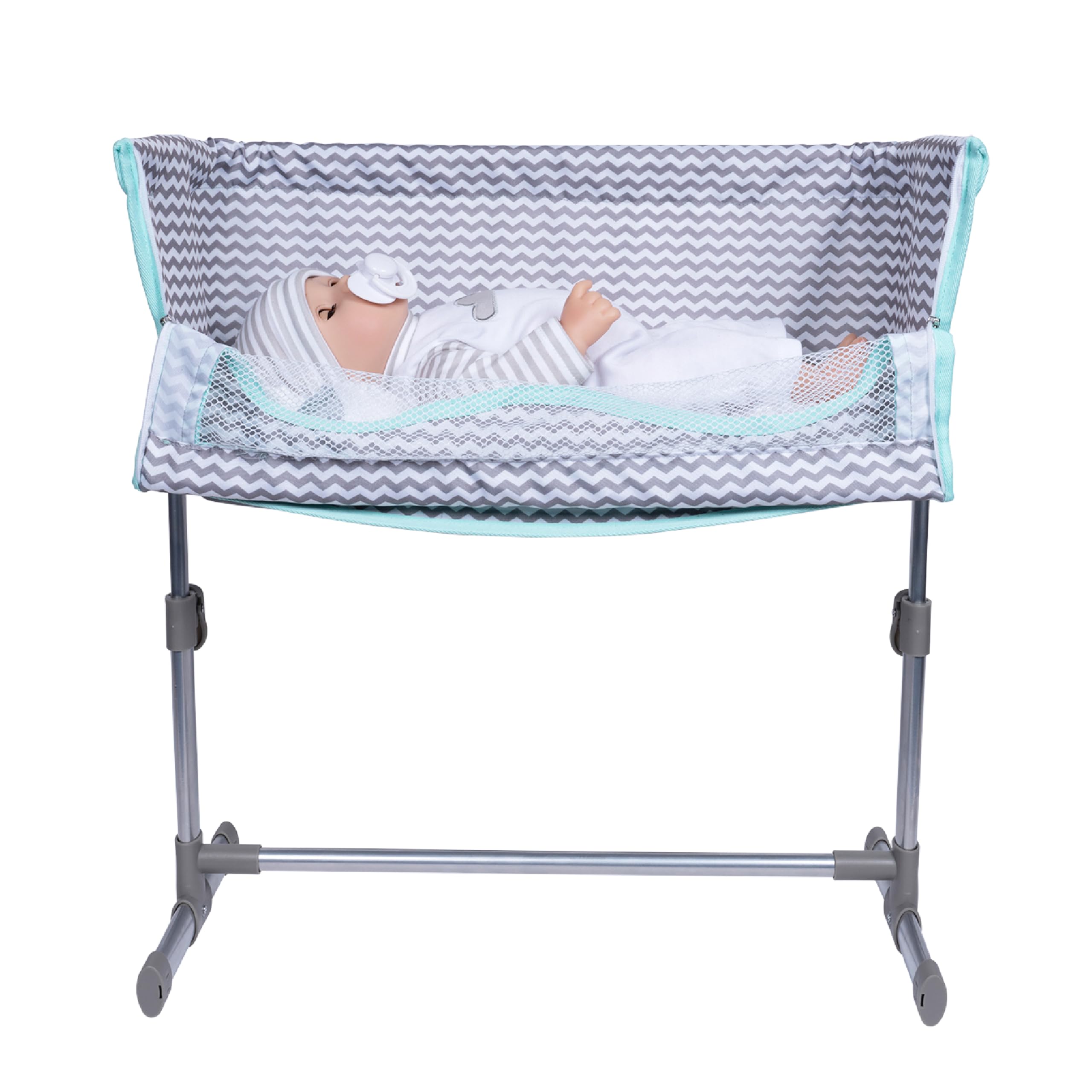 Adora Lightweight Baby Doll Bed Fits Dolls Up to 16 Inches with Drop Down Side Removable Pad Trendy Teal and Grey Design | Zig Zag Doll Bassinet
