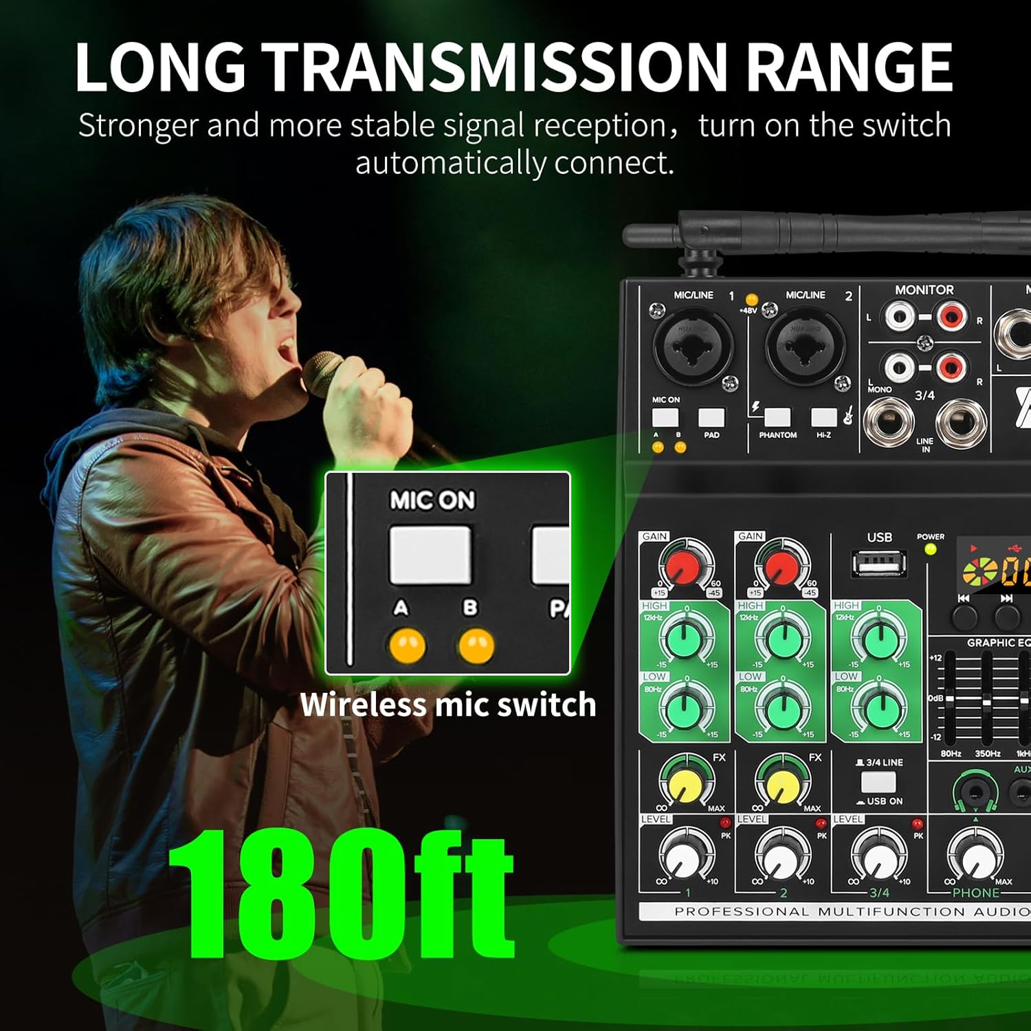 Person singing into a wireless microphone with the XTUGA BT4 mixer, showing 180ft transmission range