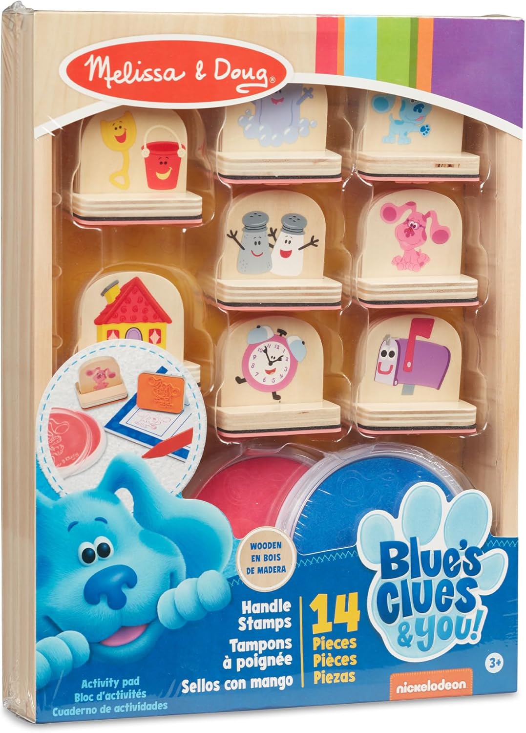 Melissa & Doug Blue’s Clues & You! Sellos con mango de madera y bloc de actividades (15 piezas)