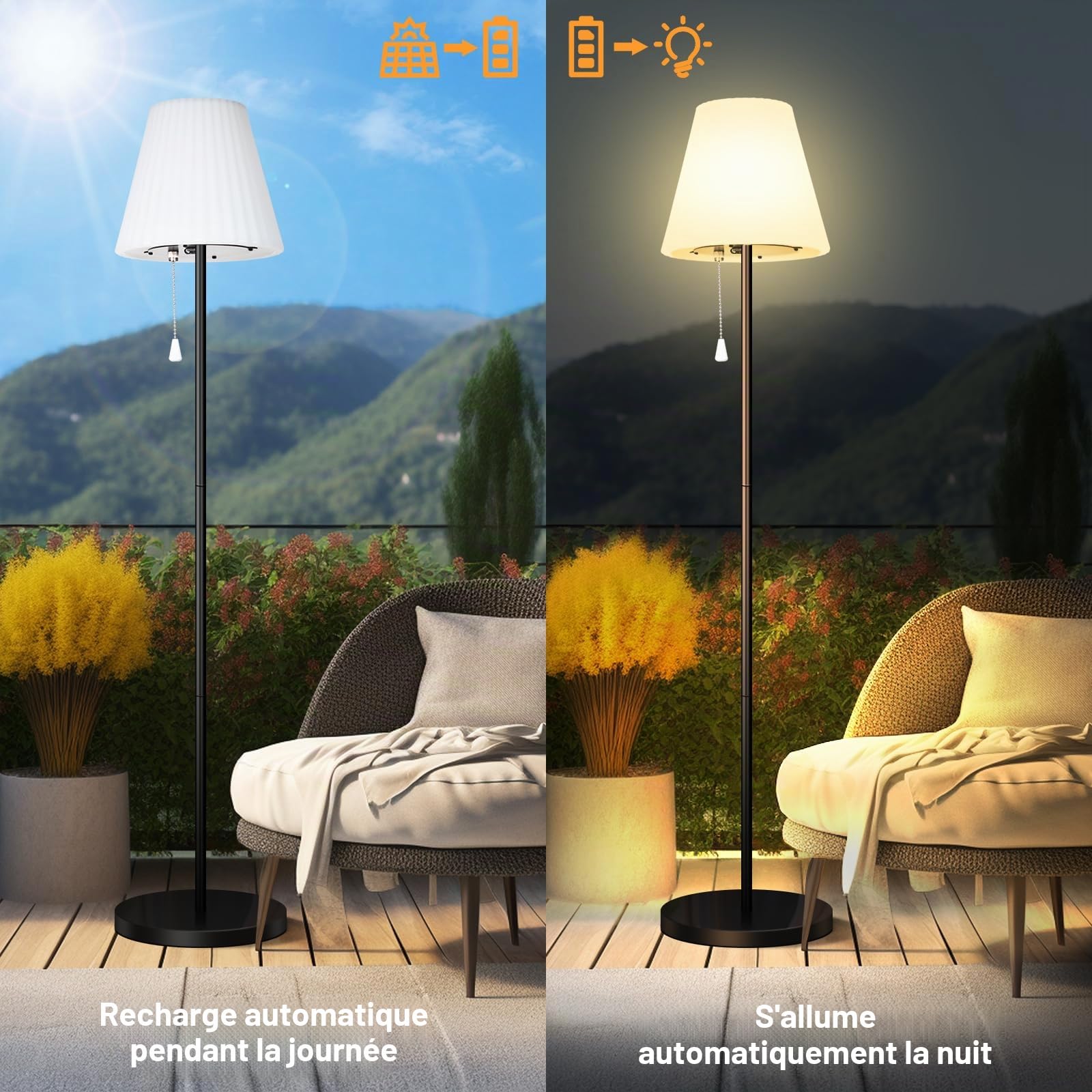 Lampe solaire sur pied pour extérieur avec capteur de lumière, étanche IP65, rechargeable par USB, intensité variable en blanc chaud et RGB, lampe sur pied sans fil pour terrasses, jardin, etc.