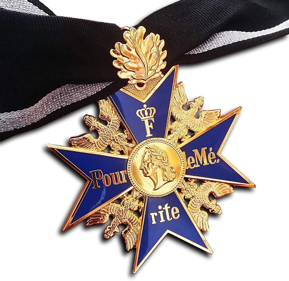 Grand Pour Le Merite 24 Karat vergoldete Kreuzmedaille, blau, maximale Ehre, Eichenblatt + Band-Repro