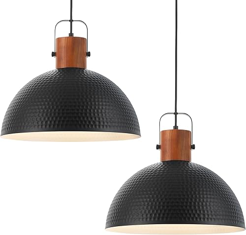 Miniatura 10 de ELYONA Paquete de 2 Luminarias Colgantes Grandes Martilladas, Lámpara Colgante de Cúpula Vintage de Madera de Fresno de 16 Pulgadas, Iluminación