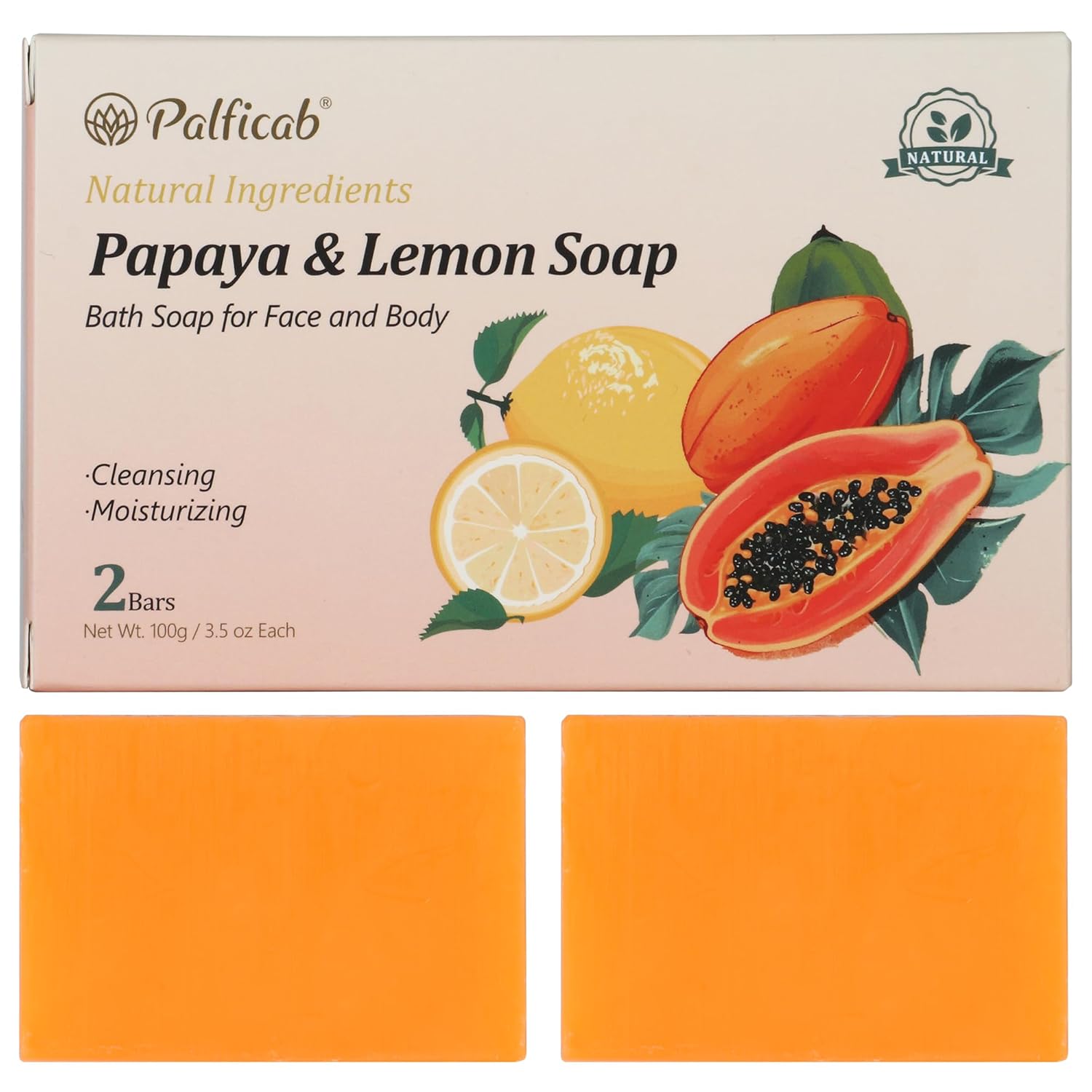 Natural Papaya & Lemon Soap, Exfoliating Bar Soap for Men & Women, Smooth & Moisturizing Lather with Coconut Oil & Shea Butter, Cruelty-Free, Cleanses & Smooths, Gifts for Women, 2 Bars