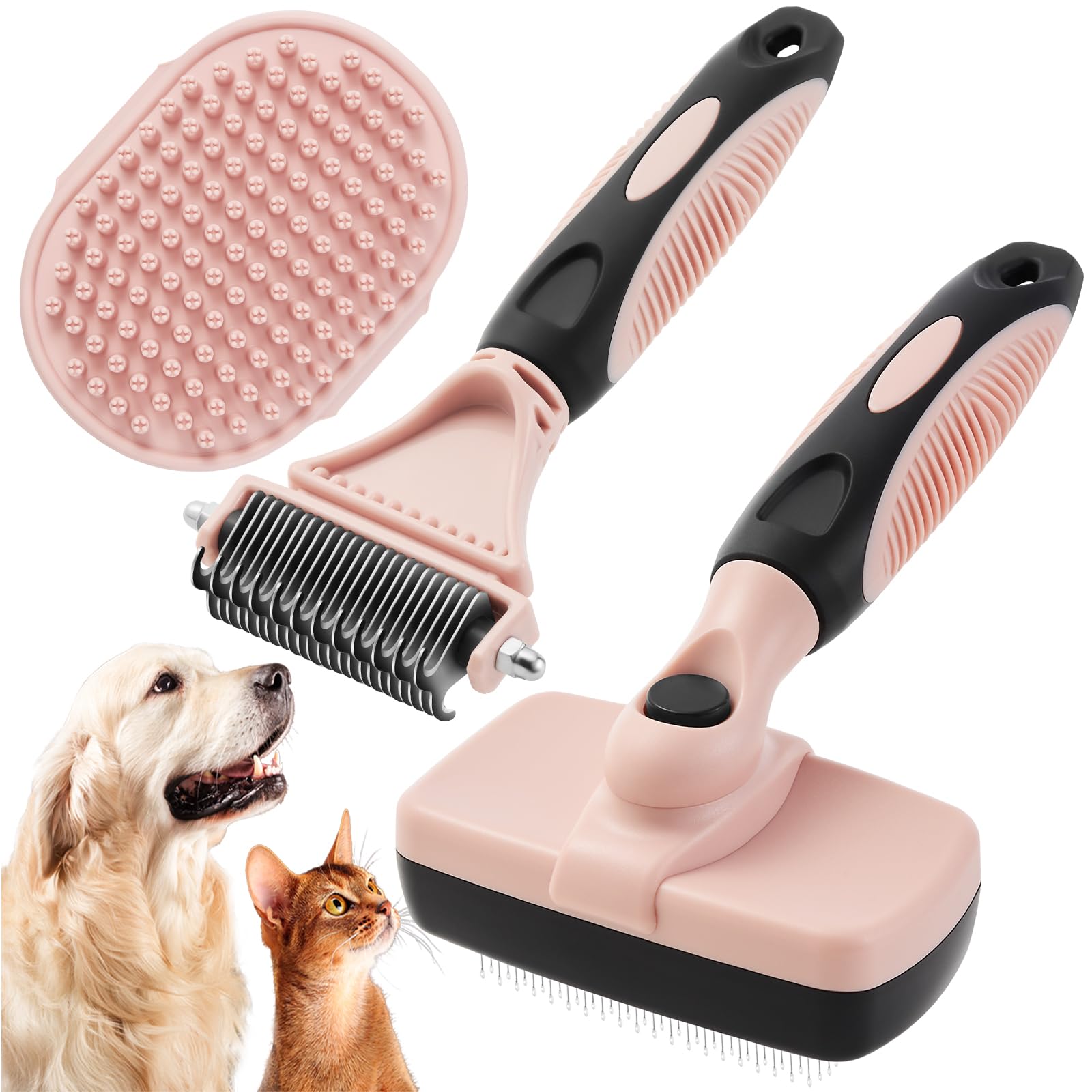 Kit de aseo para mascotas de 3 piezas: cepillo autolimpiante, peine antiestera y cepillo de baño para gatos y perros pequeños y medianos (rosa)